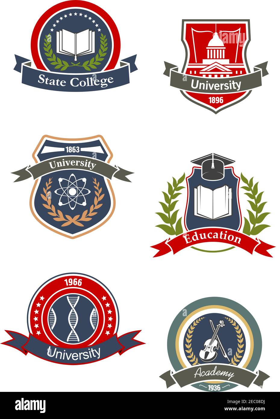 Les icônes des collèges, universités, écoles et académies sont associées à des symboles de science, musique, médecine et culture de l'ADN, des livres, des atomes, du violon et de la lib Illustration de Vecteur
