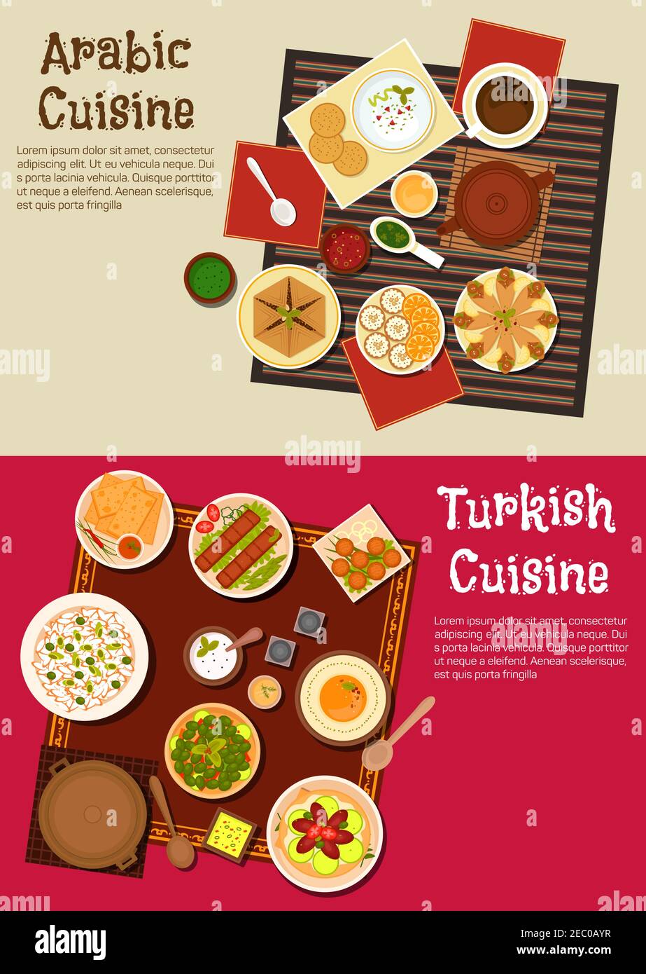 Plats traditionnels pour le déjeuner de cuisine arabe et turque avec pain pita servi avec sauces à trempette, kebab et falafels, tarte à la viande et olives, tisane Illustration de Vecteur