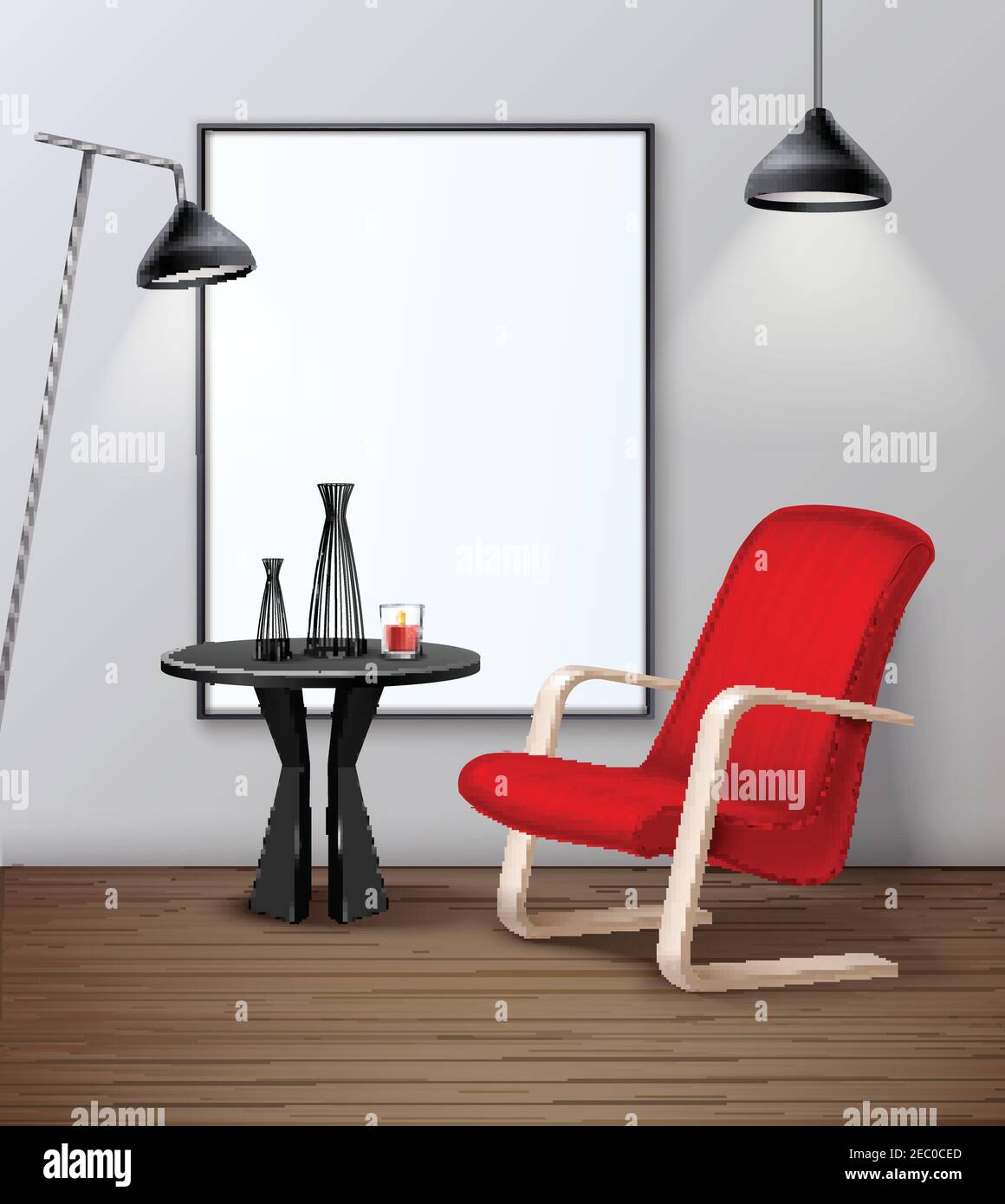 Décoration intérieure moderne maquette d'affiche réaliste avec café d'éclairage fenêtre de table et illustration du vecteur de fauteuil rouge Illustration de Vecteur