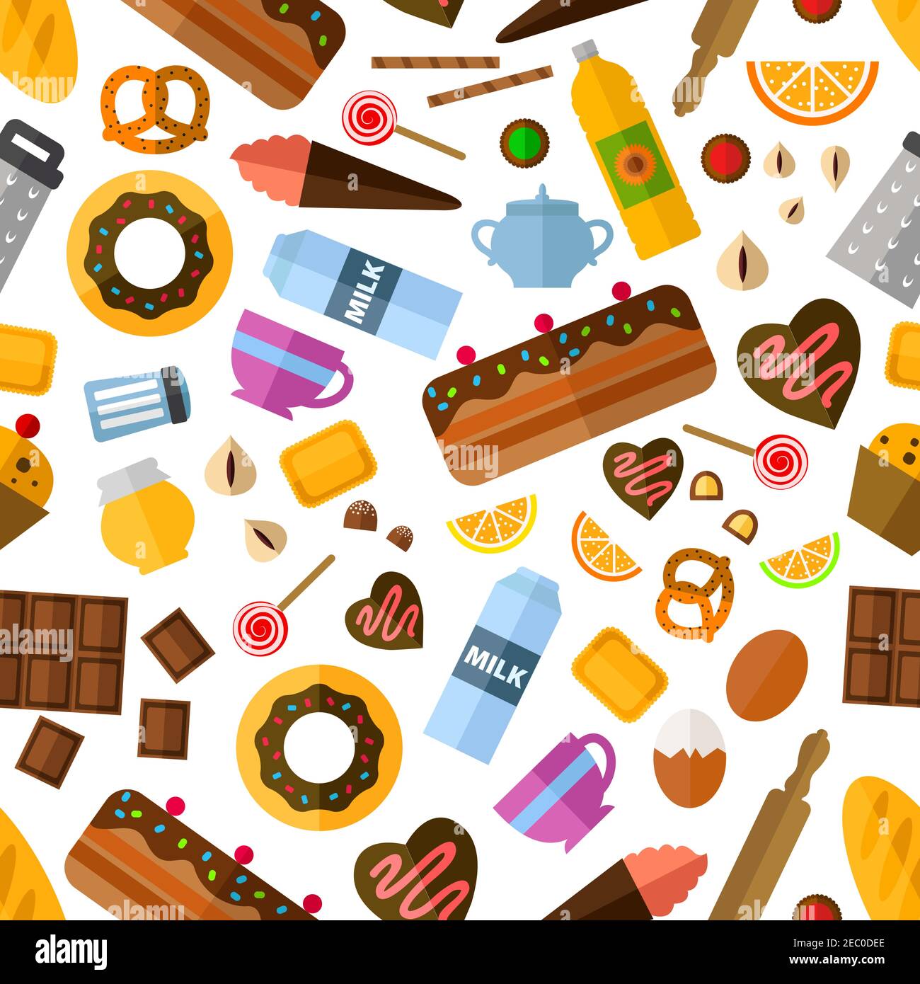 Pâtisserie et boulangerie modèle sans couture avec divers gâteaux et cupcakes, tarte et bonbons, encas et miel, ingrédients de boulangerie et ustensile de cuisine Illustration de Vecteur