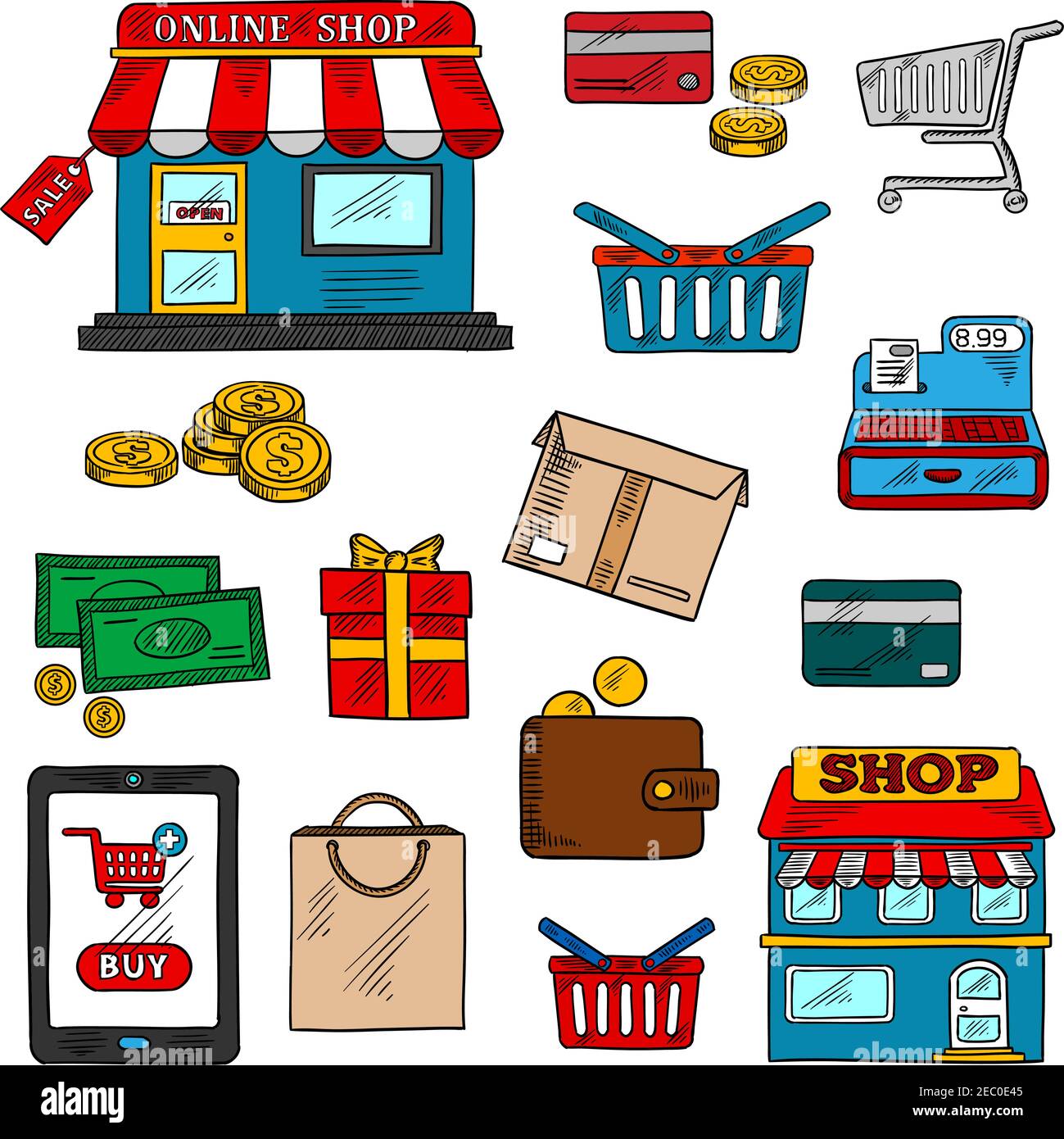 Icônes de shopping, d'affaires et de vente au détail de la boutique en ligne et de l'étiquette de vente, tablette pc avec bouton d'achat, argent et cartes de crédit, panier et sac, magasin et W Illustration de Vecteur