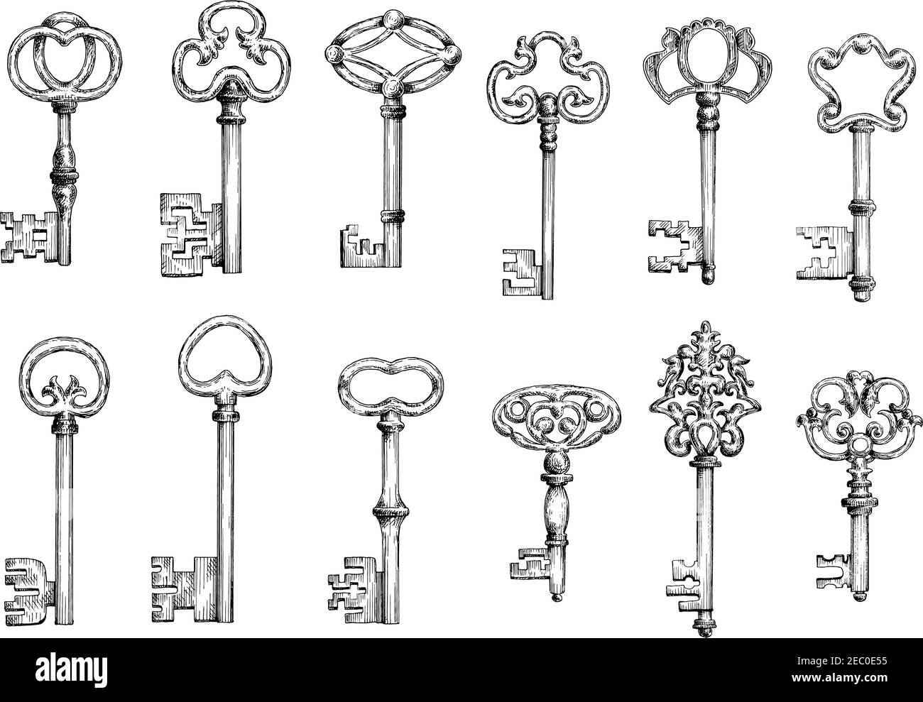 Clés anciennes gravures anciennes croquis avec arceaux forgés ornementaux, ornés de fleurons victoriens, de curligues et de brindilles. Peut-être utilisé comme tatouage, medi Illustration de Vecteur