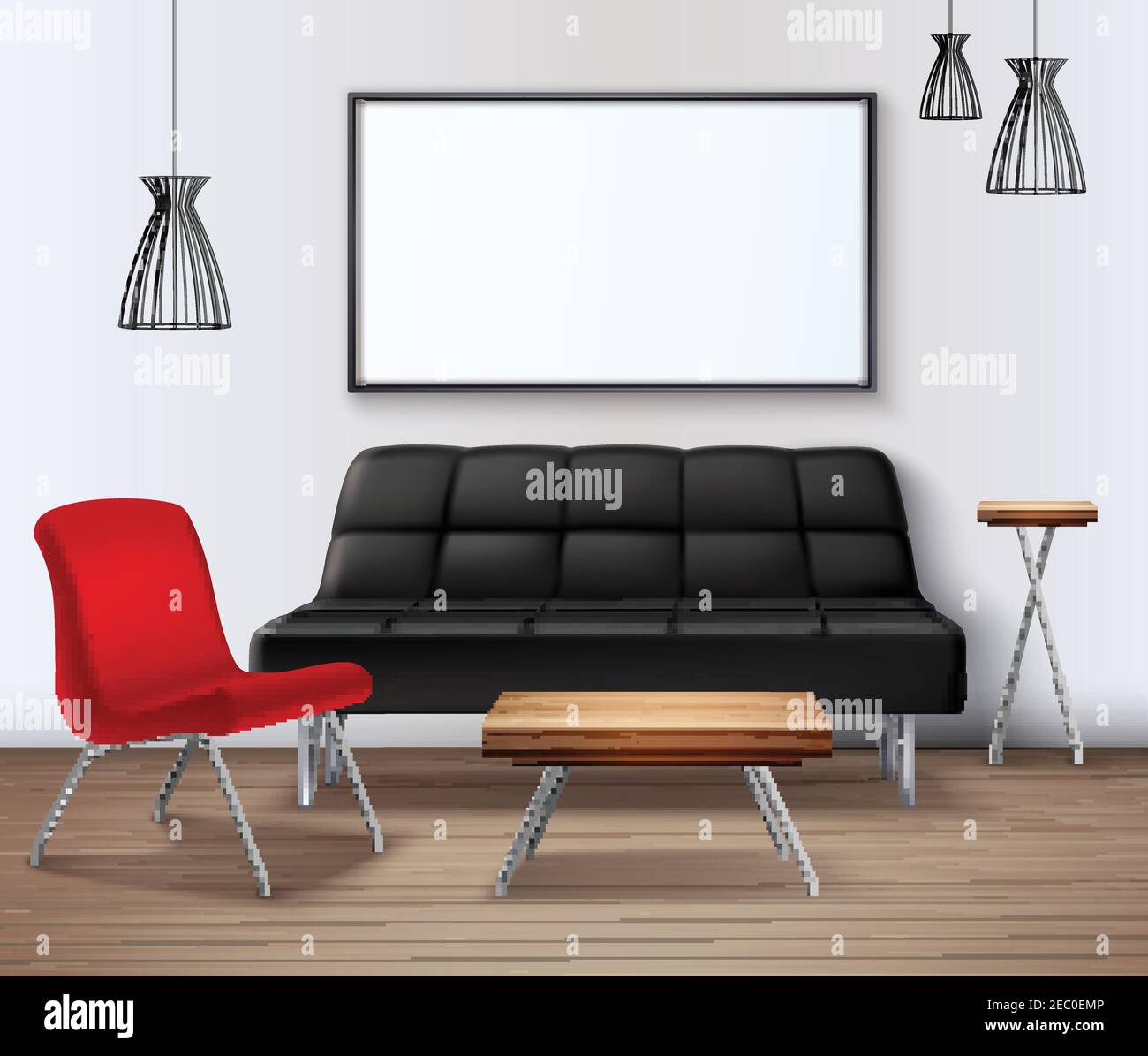 Décoration intérieure moderne maquette d'affiche réaliste avec canapé-café tableau blanc et illustration vectorielle rouge fauteuil Illustration de Vecteur