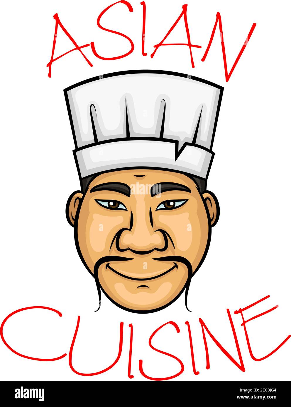 Personnage de dessin animé du chef sushi avec homme chinois souriant et moustache fine courbé portant un chapeau de cuisinier blanc. Restaurant de cuisine orientale symbole, fruits de mer moi Illustration de Vecteur