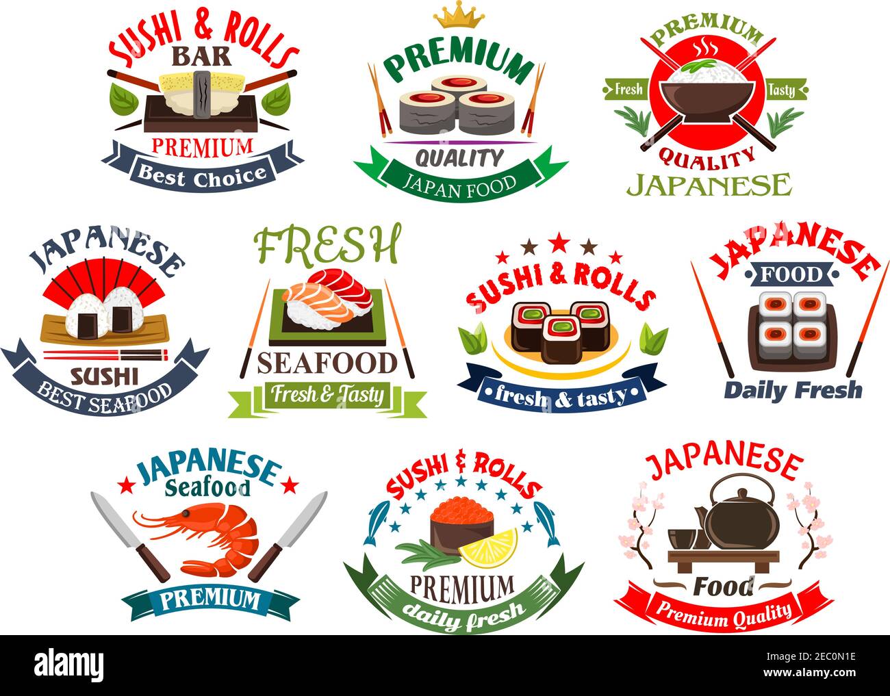Le restaurant de fruits de mer japonais, le bar à sushis et les icônes de la cuisine orientale sont le riz et les petits pains à sushis, le nigiri, les crevettes et le thé en céramique, encadrés de baguettes Illustration de Vecteur