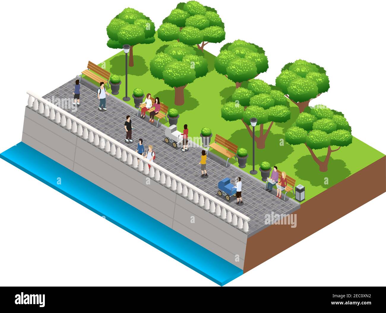 Aménagement paysager isométrique avec des personnes marchant sur un embarquement en pierre illustration vectorielle d'été Illustration de Vecteur