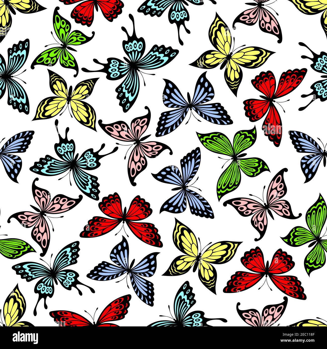 Motif coloré avec arrière-plan sans couture de papillons rouges et verts, jaunes et bleus Illustration de Vecteur Motif coloré avec arrière-plan sans couture de papillons rouges et verts, jaunes et bleus Illustration de Vecteur