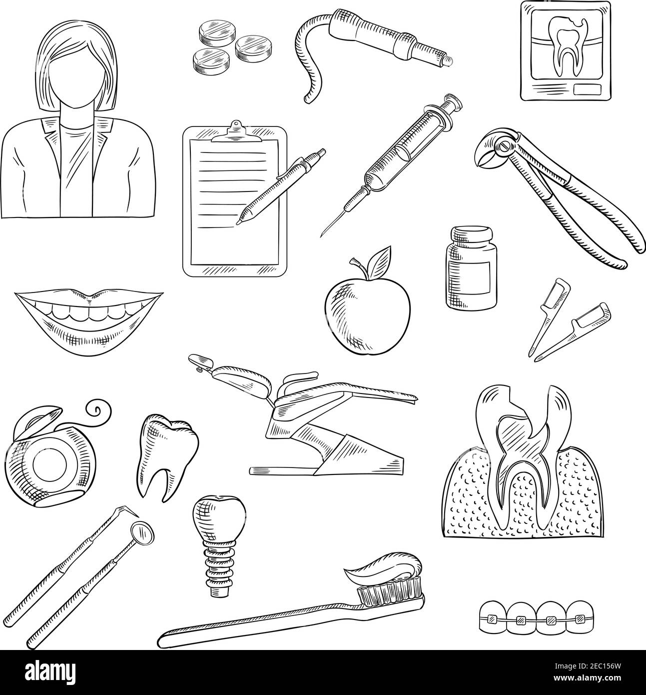 Icônes de dentisterie avec dentiste, rayons X et section transversale de dents fissurées, chaise et instruments de dentiste, seringue et pilules, implant dentaire et bretelles Illustration de Vecteur