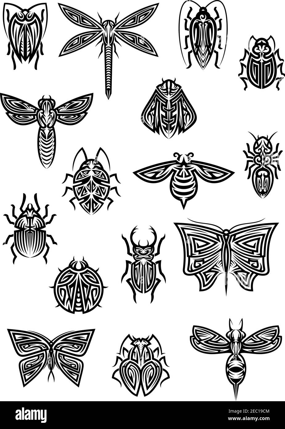 Insectes volants et rampants de style tribal pour tatouage ou décoration avec papillon et libellule ornementaux, abeille et guêpe, hornet et coccinelle, Illustration de Vecteur