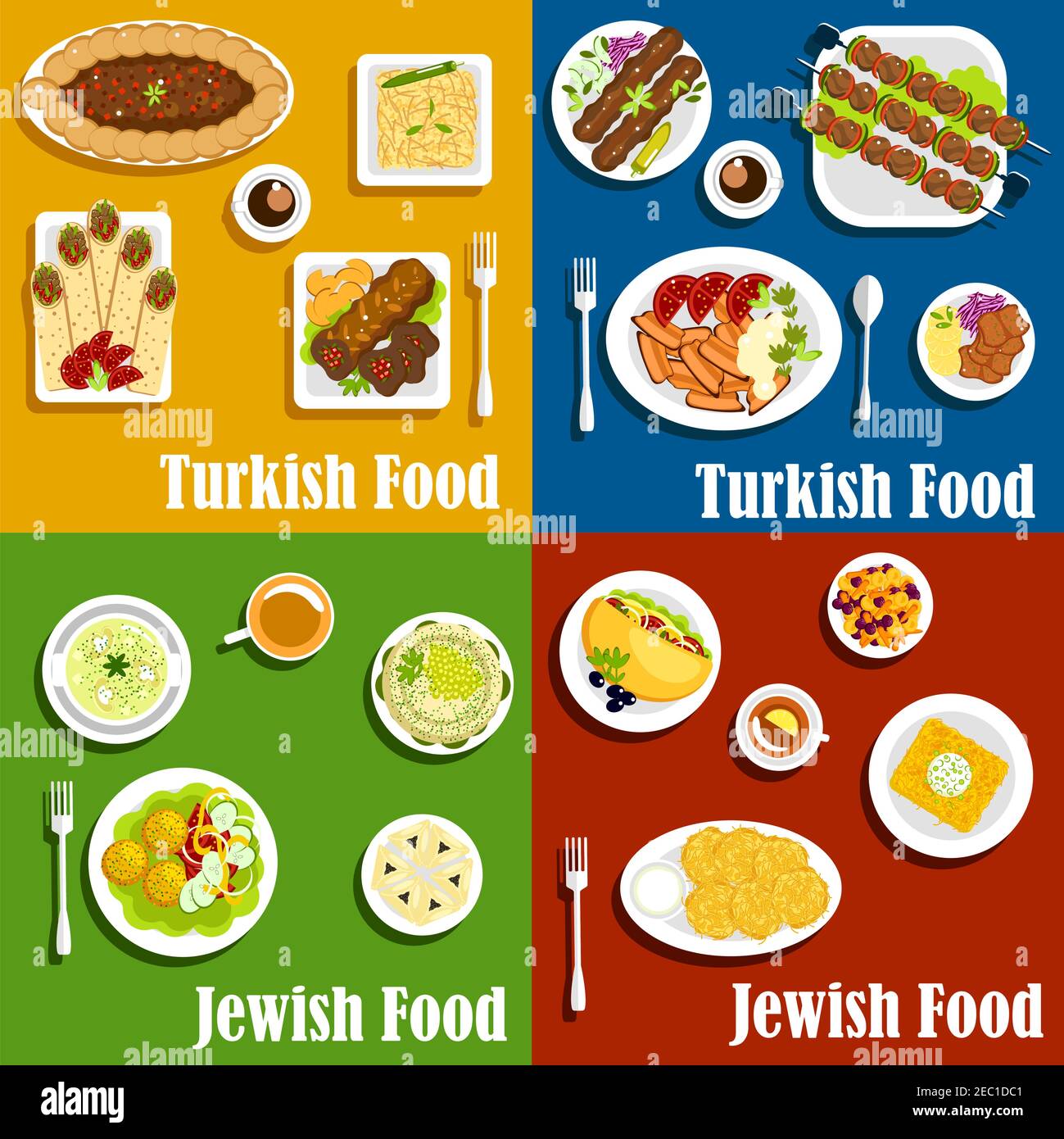 Cuisine casher juive et turque authentique avec kebabs et boulettes de mazzo avec garniture de légumes frais, crêpes de pommes de terre, châles et wrafel, Illustration de Vecteur