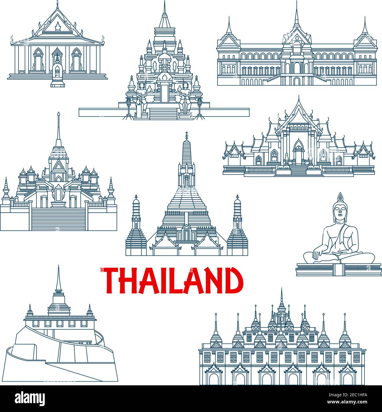 L'architecture voyage des monuments dans le style de ligne mince de la Thaïlande avec le Palais Grant et le temple de Grand Bouddha, les temples blancs et de marbre, le temple Wat Saket et L Illustration de Vecteur
