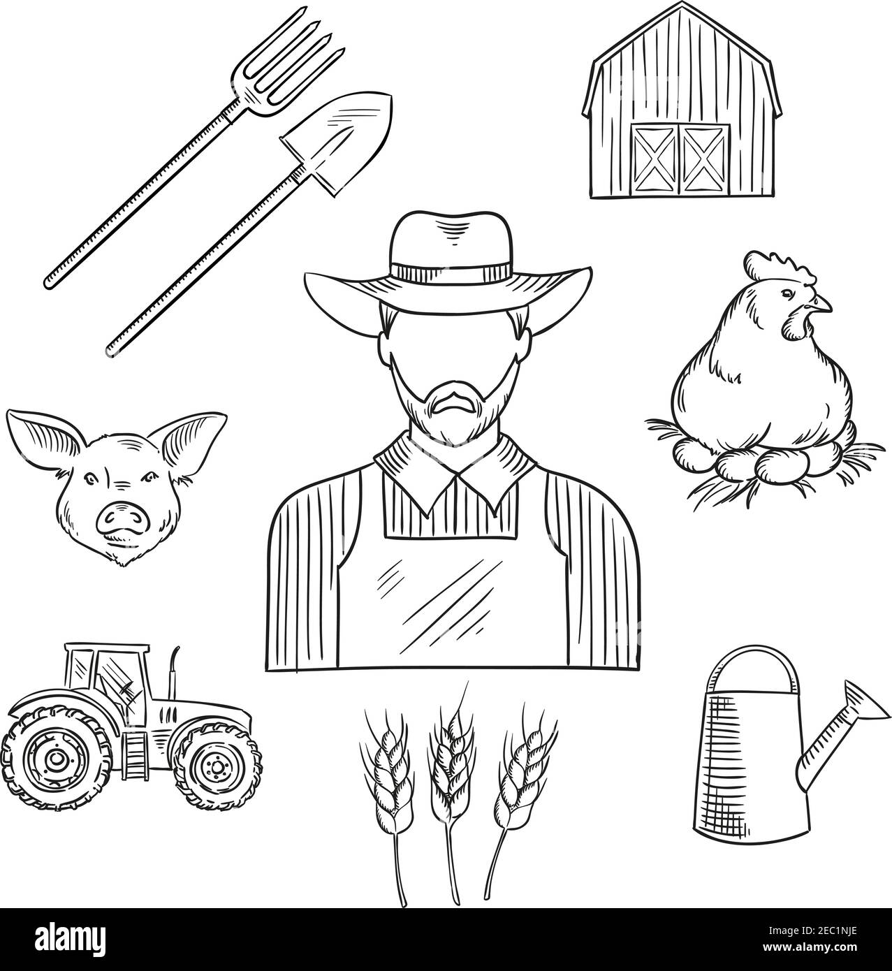 Dessin de la profession d'agriculteur pour la conception agricole avec un  homme barbu dans un chapeau et une combinaison, encerclés par un tracteur,  une grange, des plantations de blé, une bêche, une