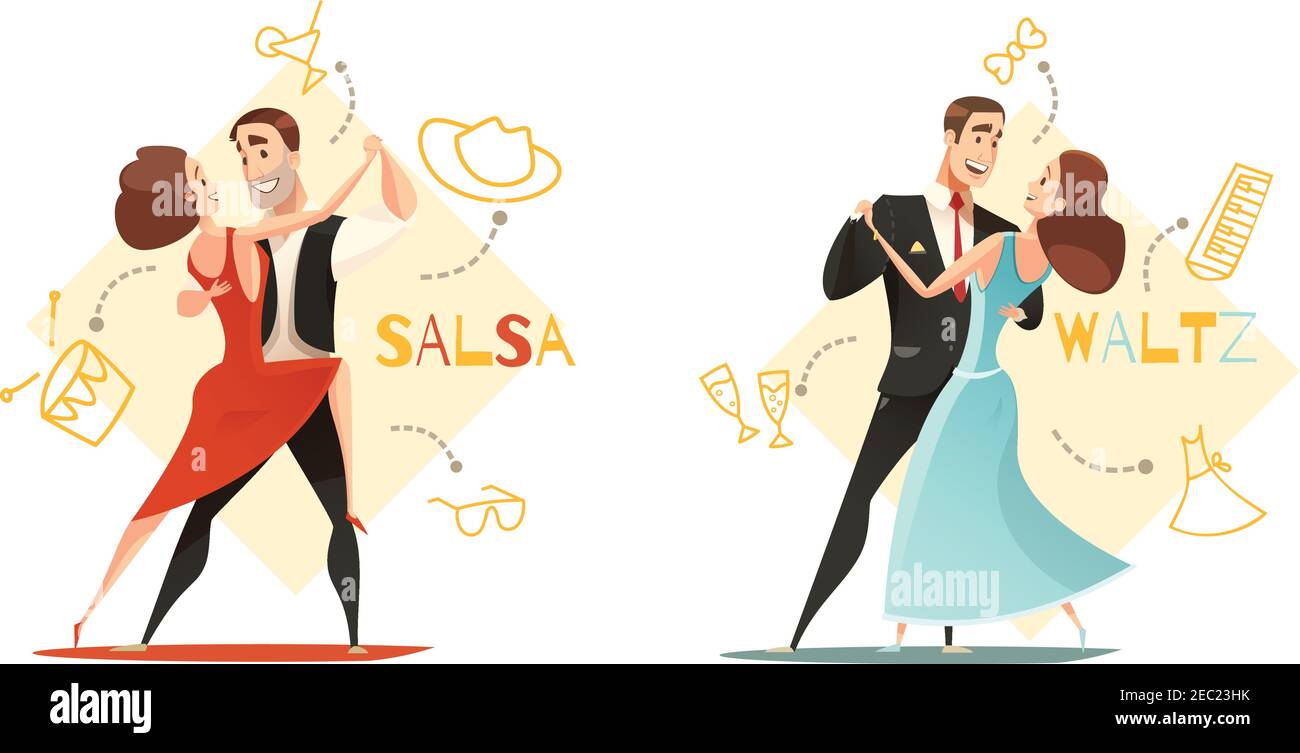 Dansant valse et salsa couple 2 modèles de dessin animé rétro avec accessoires traditionnels décrits icônes illustration vectorielle isolée Illustration de Vecteur