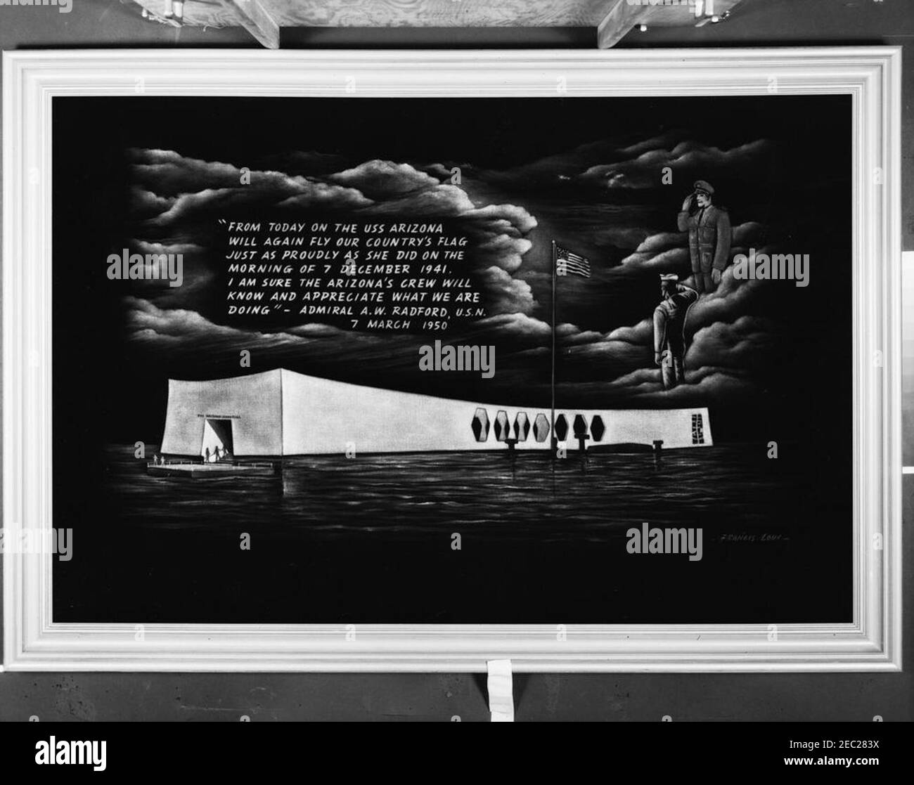 Peinture, USS Arizona Memorial. Vue sur une peinture du Mémorial de l'USS Arizona à Pearl Harbor à Hawaï. Le tableau, signé par Francis Loui, est un cadeau de la Pearl Harbor Association et de son président, William D. Bennett. La citation se lit, u0022u0027From aujourd'hui sur l'USS Arizona va encore voler notre drapeau de pays0027s tout aussi fièrement qu'elle l'a fait le matin du 7 décembre 1941. Je suis sûr que l'équipage de l'Arizonau0027s saura et appréciera ce que nous sommes doingu0027 - l'amiral A. W. Radford, U.S.N. 7 mars 1950.u0022 Maison Blanche, Washington, D.C. Banque D'Images