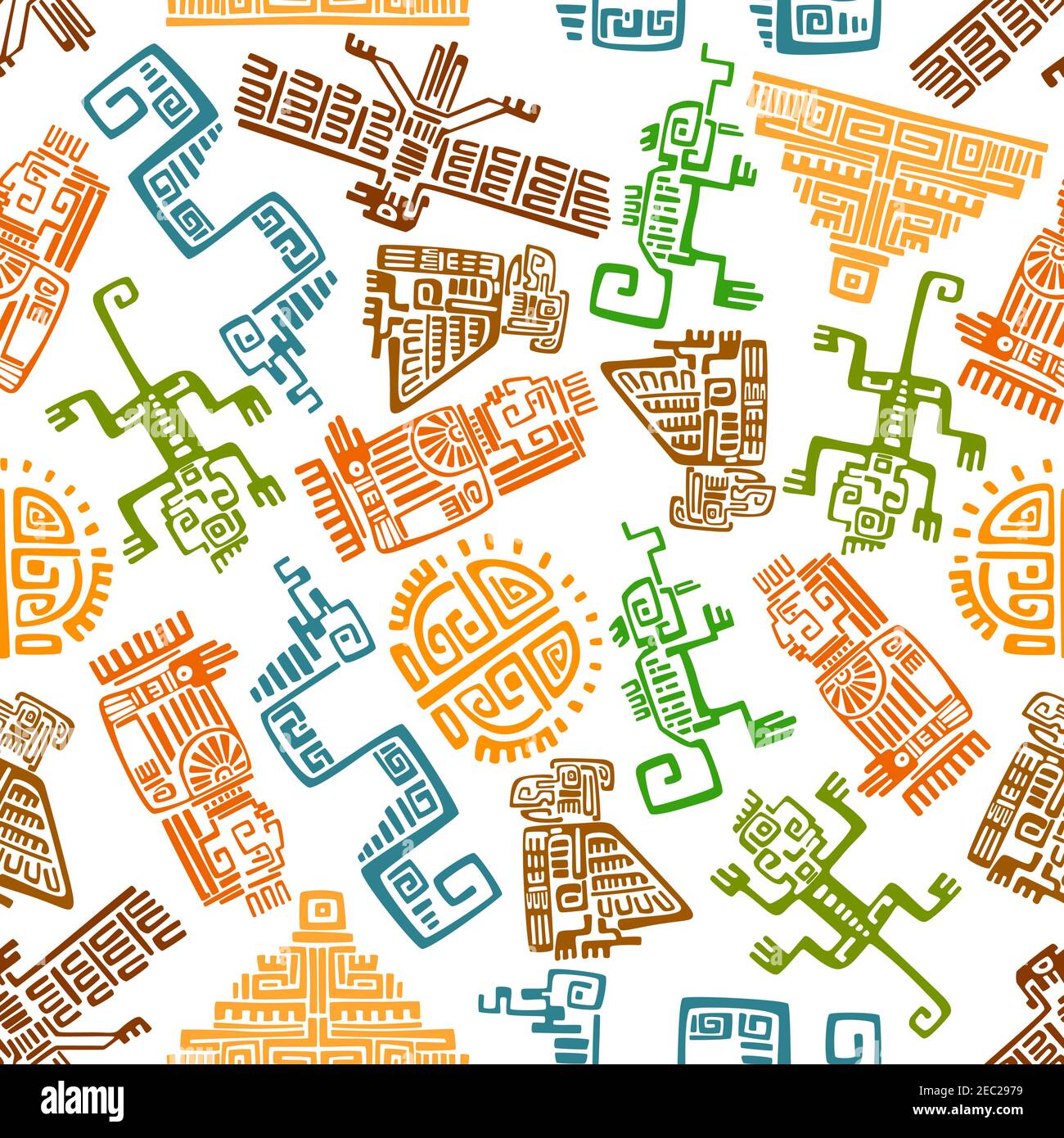 Modèle mexicain antique ethnique sans couture avec totems ornementaux maya et aztèques de soleil, pyramide, aigle, corbeau, singe, serpent, lézard et idole sur le blanc Illustration de Vecteur