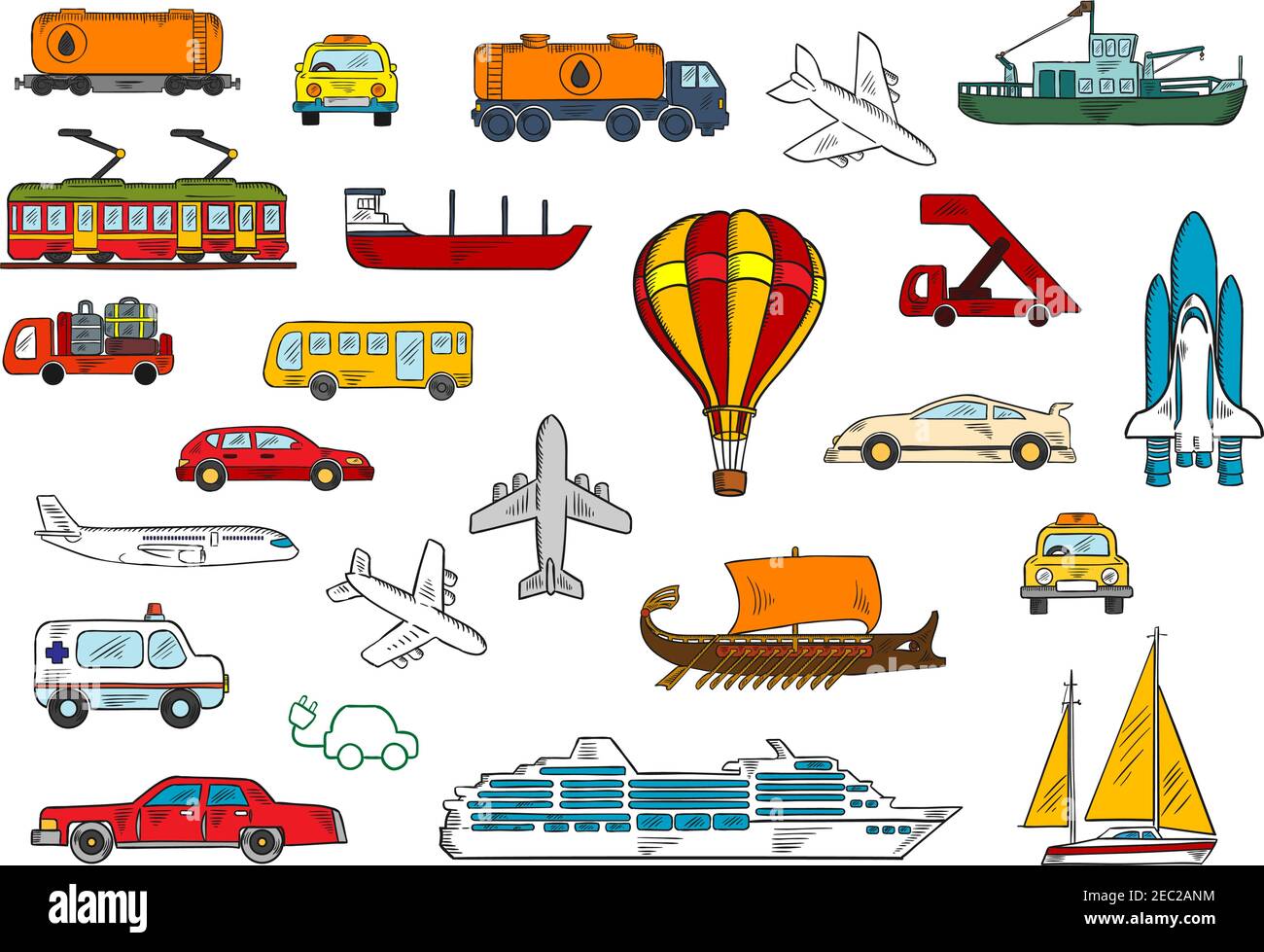 Croquis colorés de divers modes de transport avec voitures et taxi, avions, ambulance, bus, bateau de pêche et yacht, wagon-citerne et tanke Illustration de Vecteur