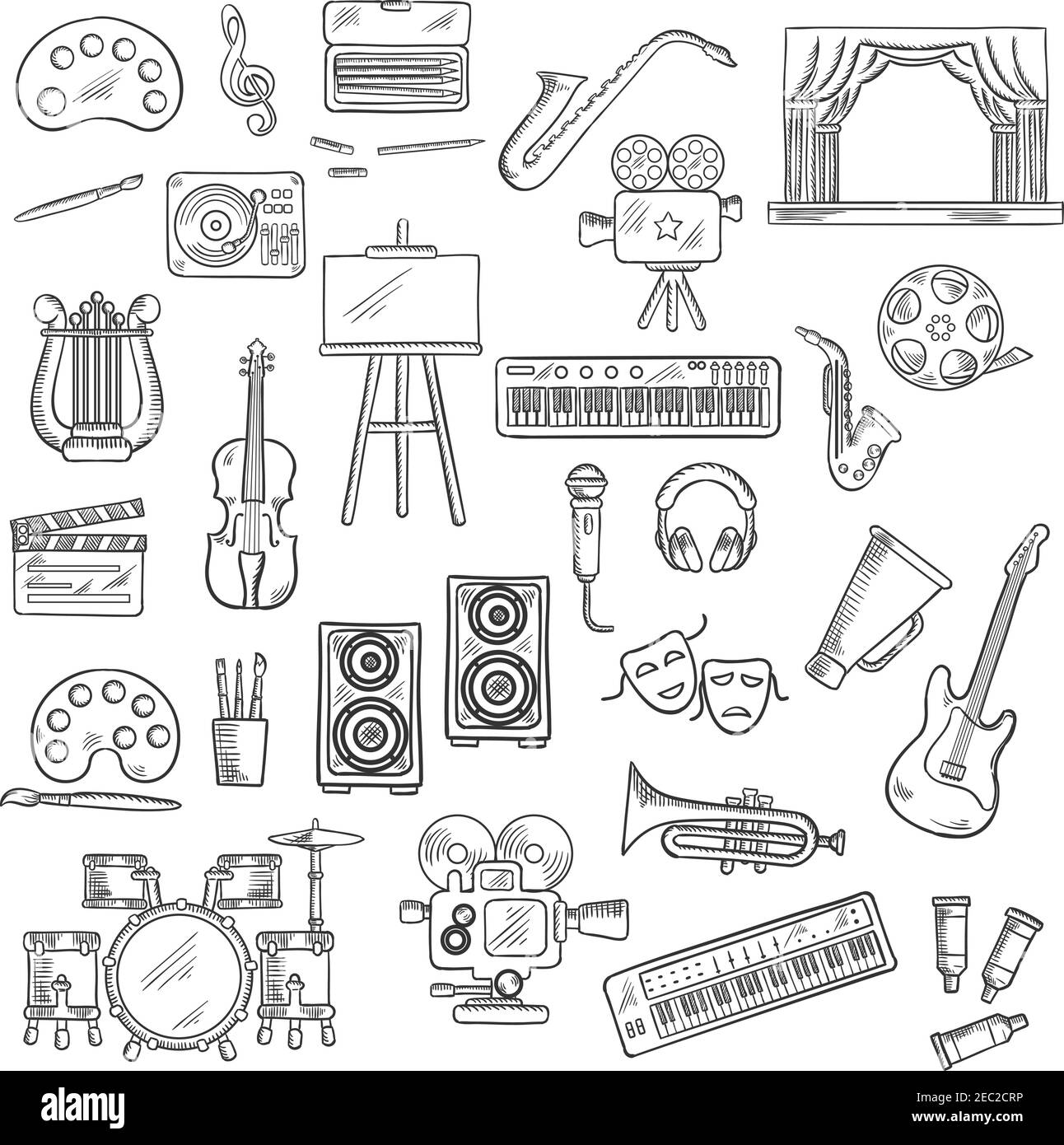 Croquis sur le thème du divertissement avec palettes, pinceaux et chevalet, caméras de cinéma et bobines de film, microphones et instruments de musique, scènes de théâtre, Illustration de Vecteur