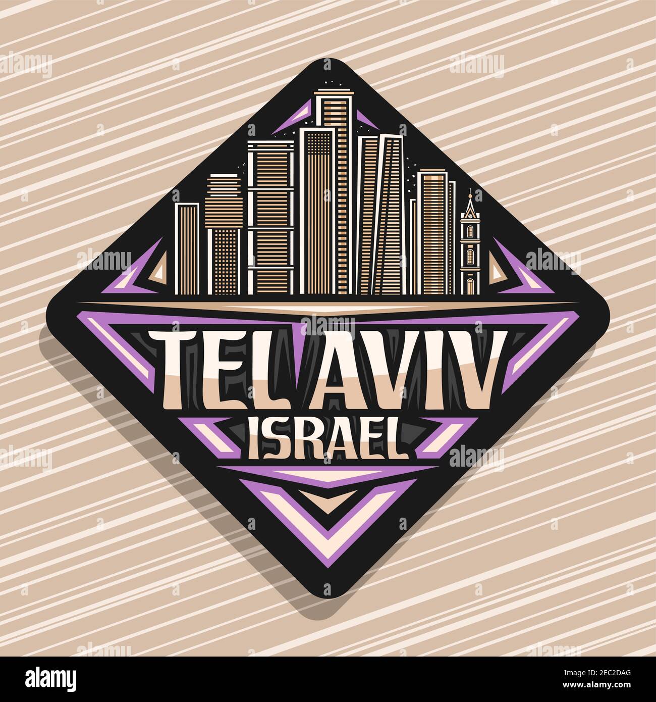 Logo Vector pour tel Aviv, panneau de route rhombus sombre avec illustration de ligne du célèbre paysage urbain israélien sur fond de ciel crépuscule, aimant décoratif pour réfrigérateur Illustration de Vecteur
