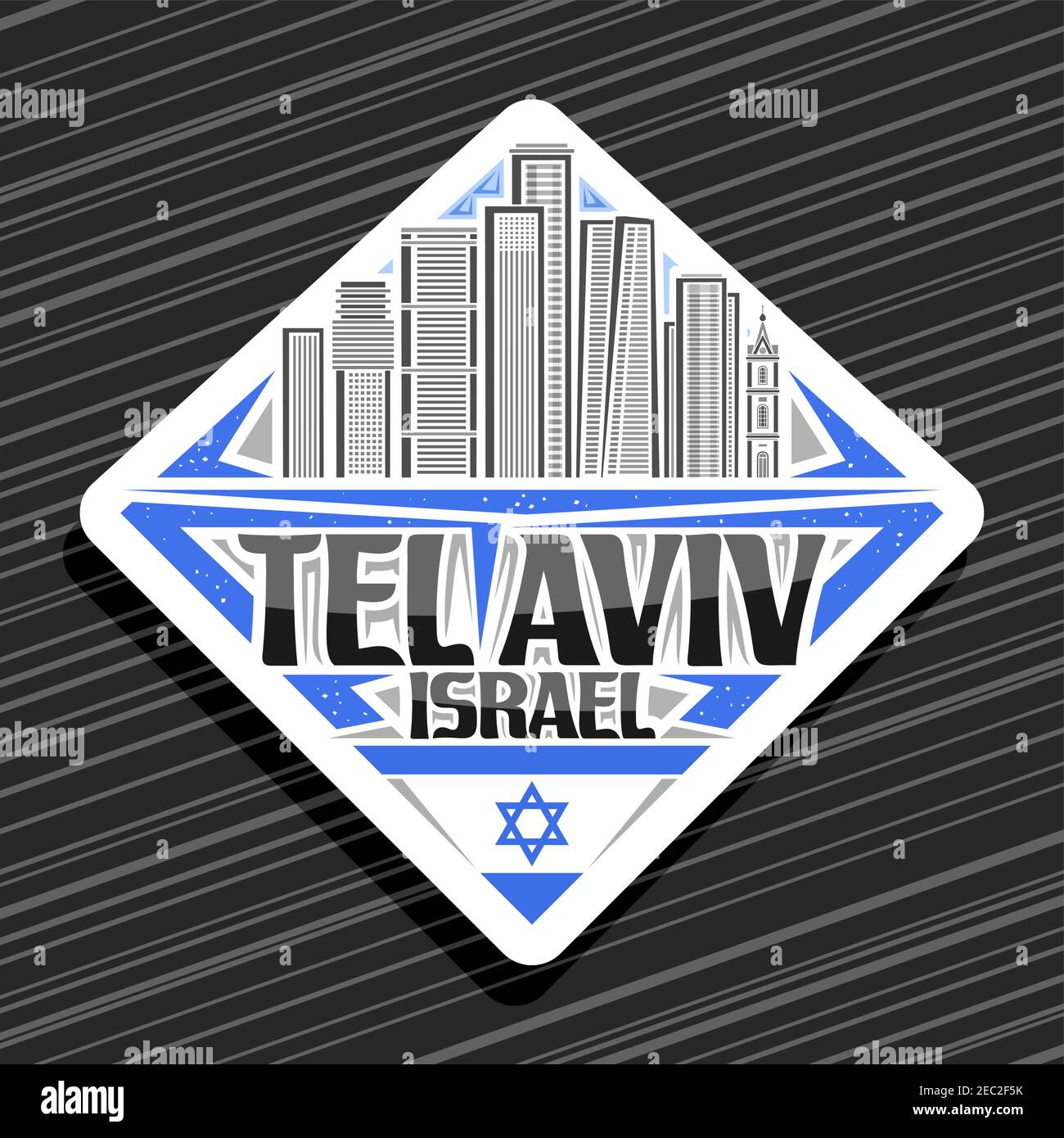 Logo Vector pour tel Aviv, panneau de route blanc losange avec illustration de ligne de paysage urbain israélien sur fond de ciel de jour, aimant de réfrigérateur décoratif avec un Illustration de Vecteur