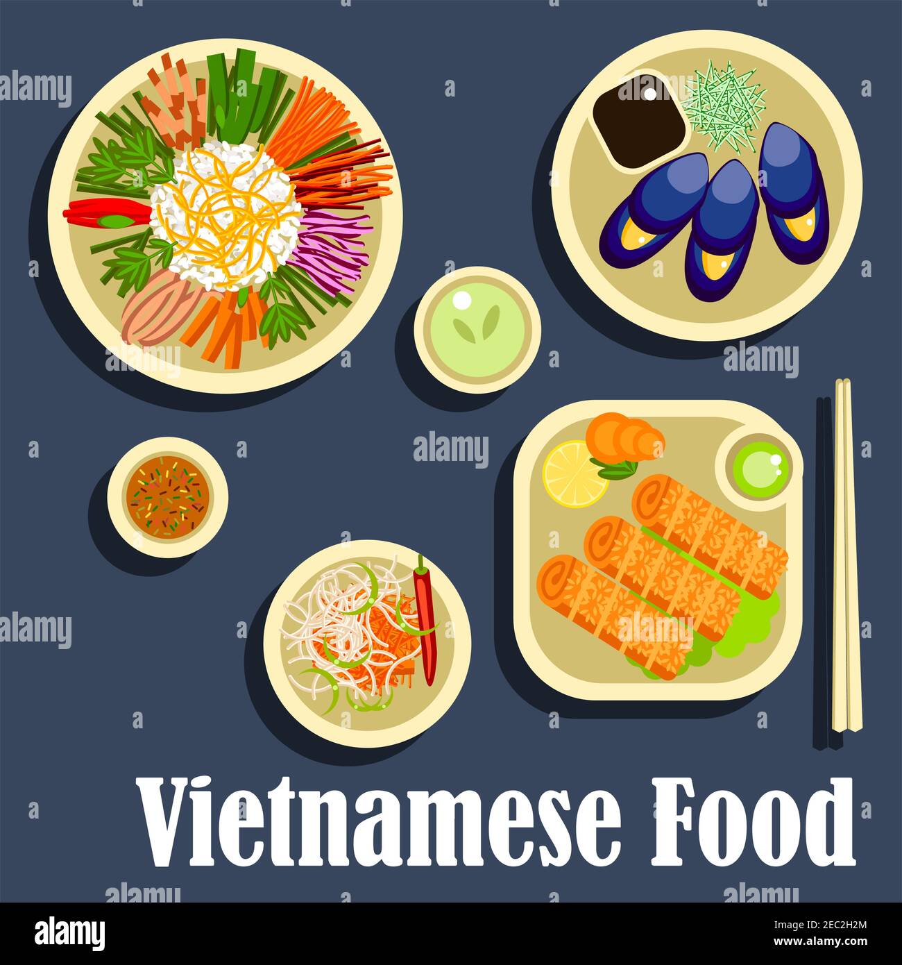 Icône du dîner vietnamien avec plats traditionnels, y compris du riz collant avec assortiment de légumes frais, des palourdes bleues grillées avec des poissons Illustration de Vecteur