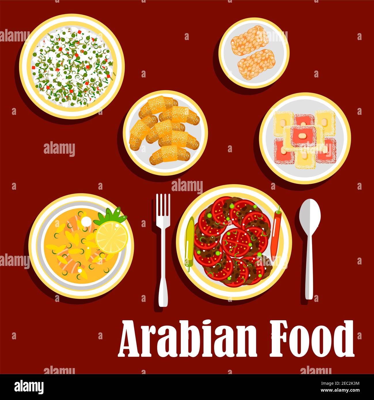 Déjeuner traditionnel de cuisine arabe avec desserts Icon avec soupe de poisson, falafels, servi avec des tomates fraîches et des piments, salade de riz froid avec gre Illustration de Vecteur
