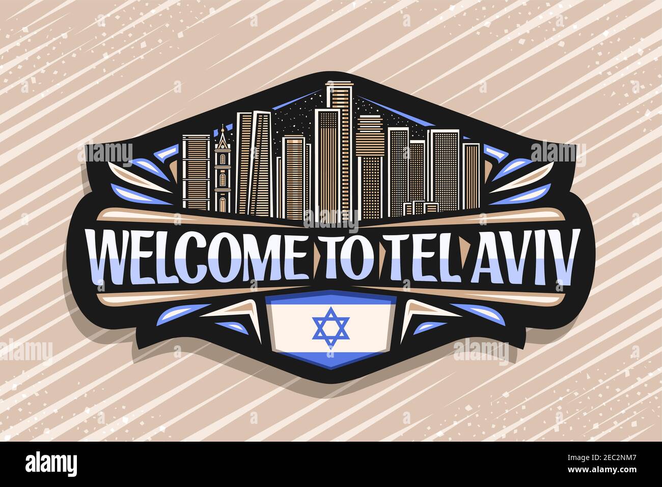 Logo Vector pour tel Aviv, badge décoratif noir avec illustration du paysage célèbre de la ville sur fond de ciel crépuscule, design artistique aimant de réfrigérateur touristique avec Illustration de Vecteur