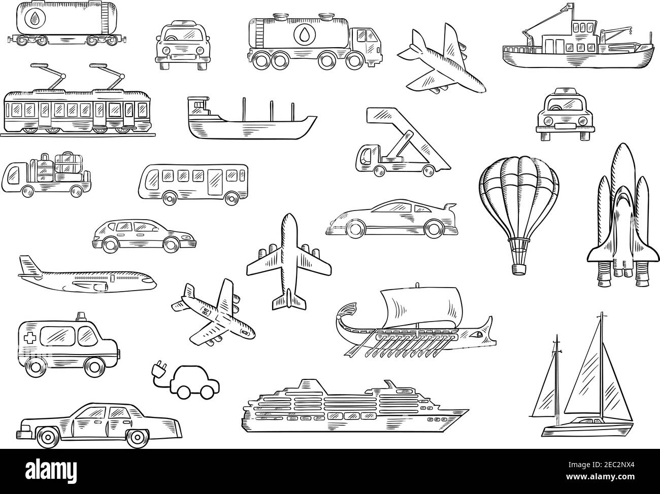 Voitures, bus, taxi, ambulance, avions, train électrique, bateau de pêche, yacht, wagon-citerne et camion, navette spatiale, paquebot de croisière, camion de bagages et passeng Illustration de Vecteur