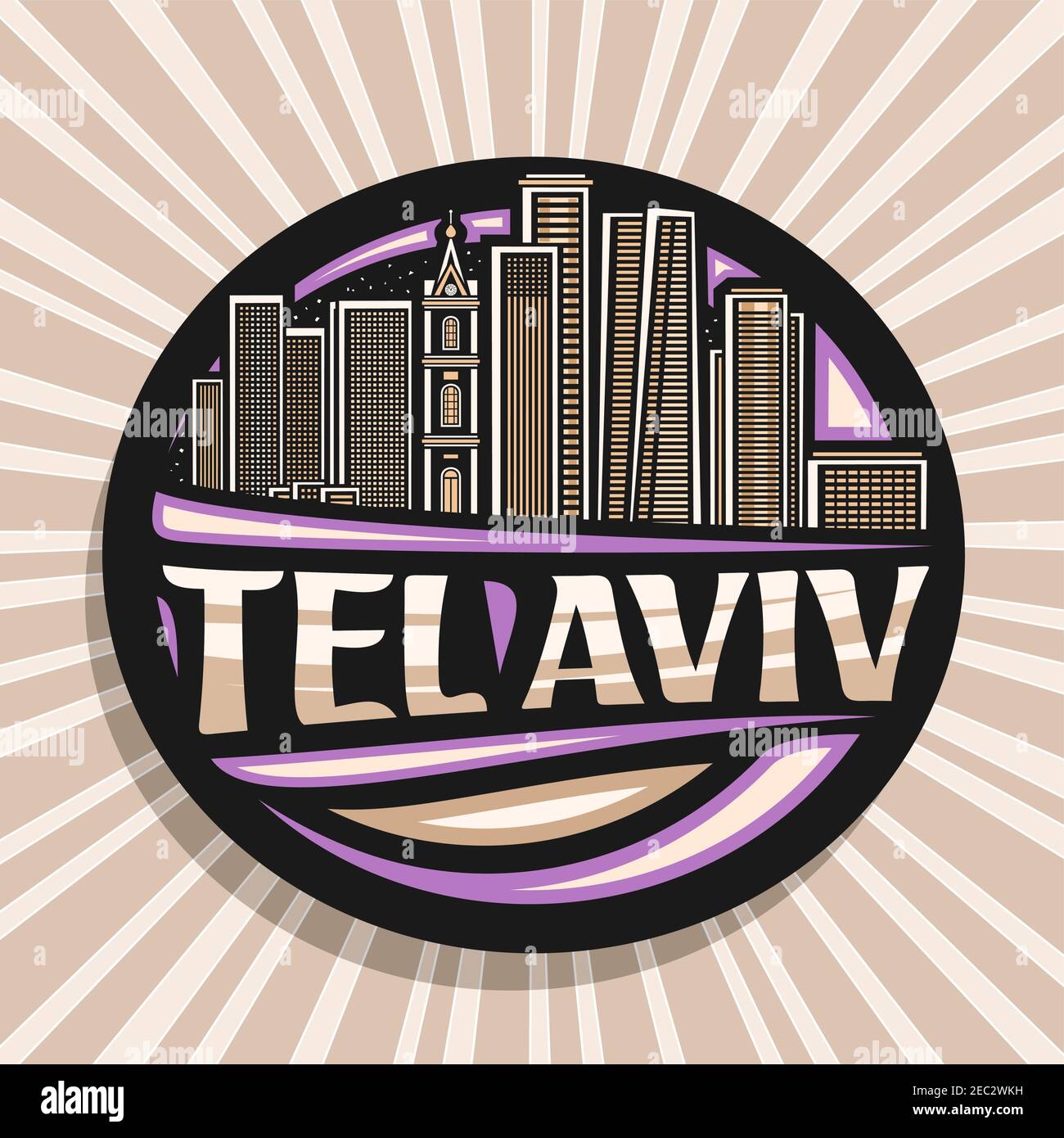 Logo Vector pour tel Aviv, badge décoratif sombre avec illustration de la célèbre ville israélienne sur fond de ciel crépuscule, réfrigérateur touristique design artistique Illustration de Vecteur