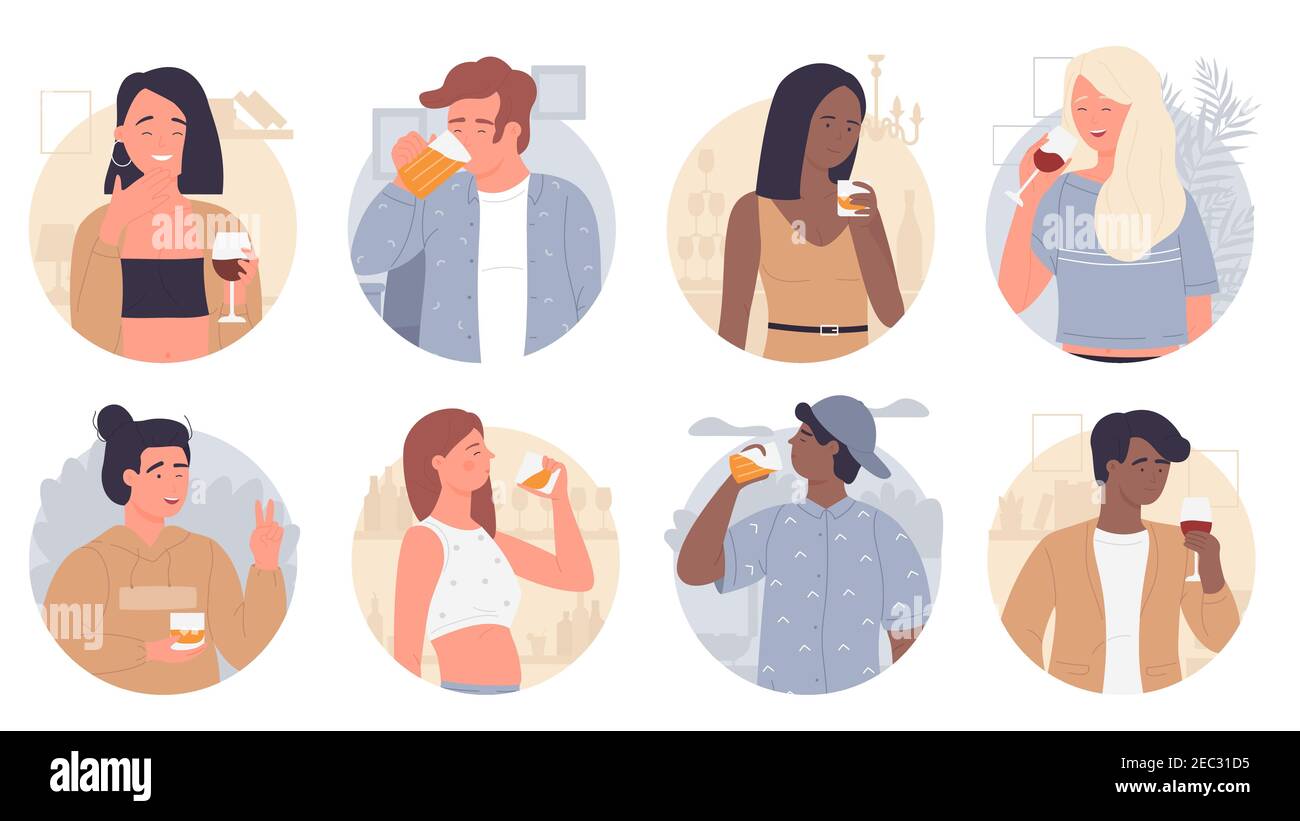 Kit d'illustrations vectorielles People Drink. Caricature jeune homme heureux femme personnages boire, tenir des verres de vin, des verres de bière ou de whisky dans les mains, amusant fête dans la barre d'alcool ou maison isolée sur blanc Illustration de Vecteur