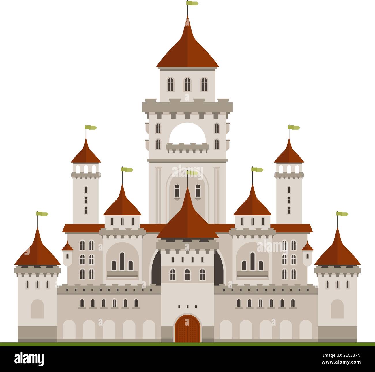 Résidence royale de la famille symbole du château en pierre grise avec murs de garde et palais principal avec tours, terrasses voûtées et tourelles coniques avec drapeaux verts. Illustration de Vecteur