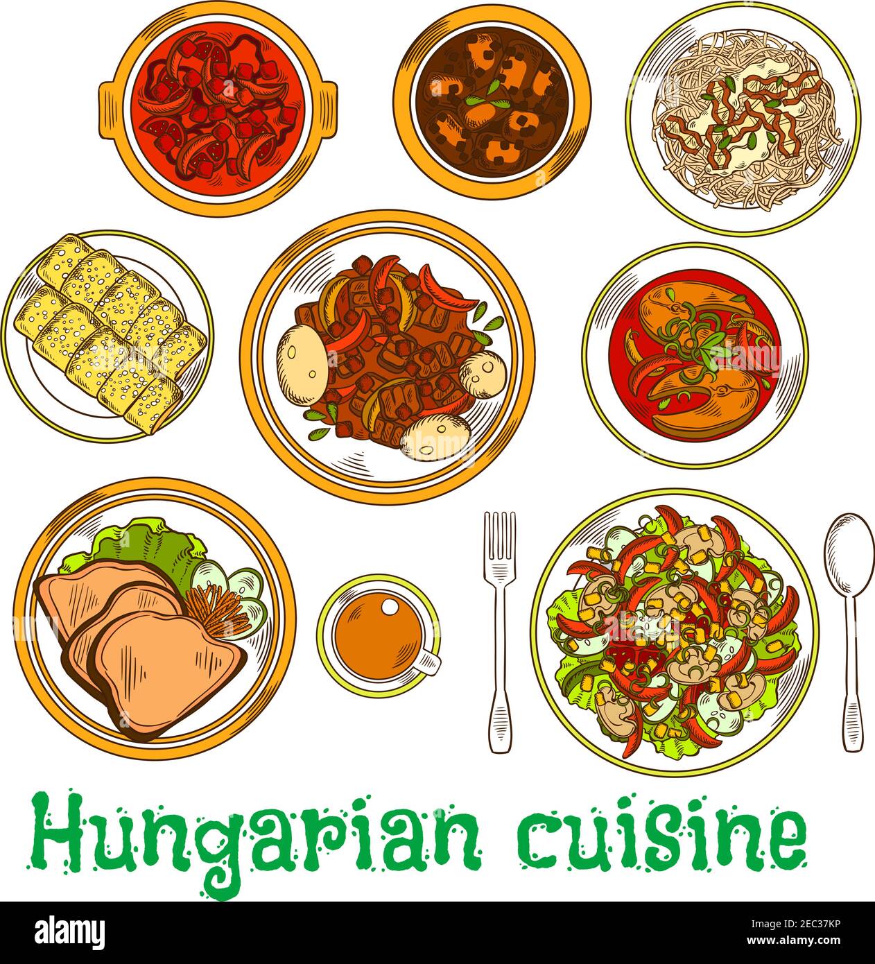 Icône traditionnelle de ragoût de viande hongroise servie avec des salades de légumes assaisonnées de vinaigre, de haricots et de soupes de poisson, pâtes nappées de fromage cottage Illustration de Vecteur