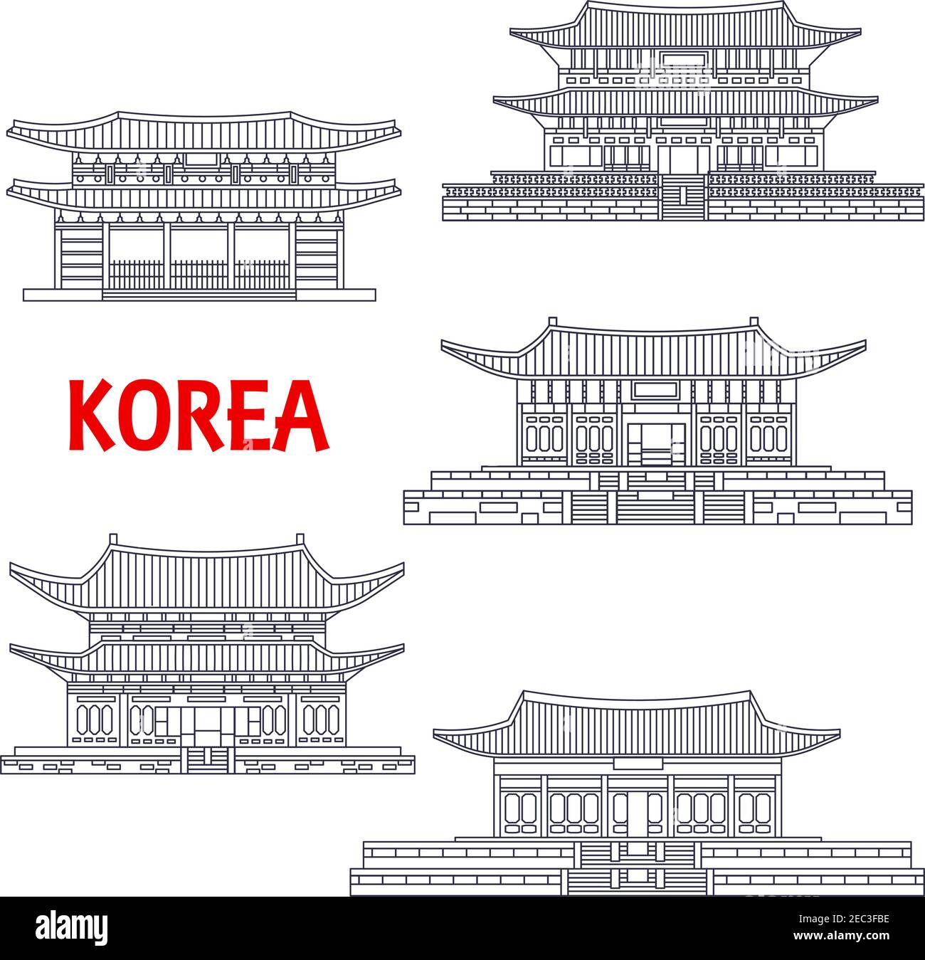Cinq grands palais coréens des icônes de la dynastie Joseon pour le voyage ou la conception de thème d'architecture asiatique avec Changdeok, Changgyeong, Deoksugung, Gye Illustration de Vecteur