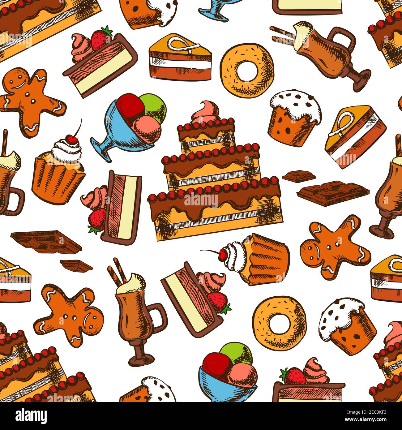Le chocolat se dégustere en délicieux gâteaux à plusieurs niveaux et petits gâteaux aux fruits et à la crème, muffins glacés aux raisins secs et beignets, sundae ic Illustration de Vecteur