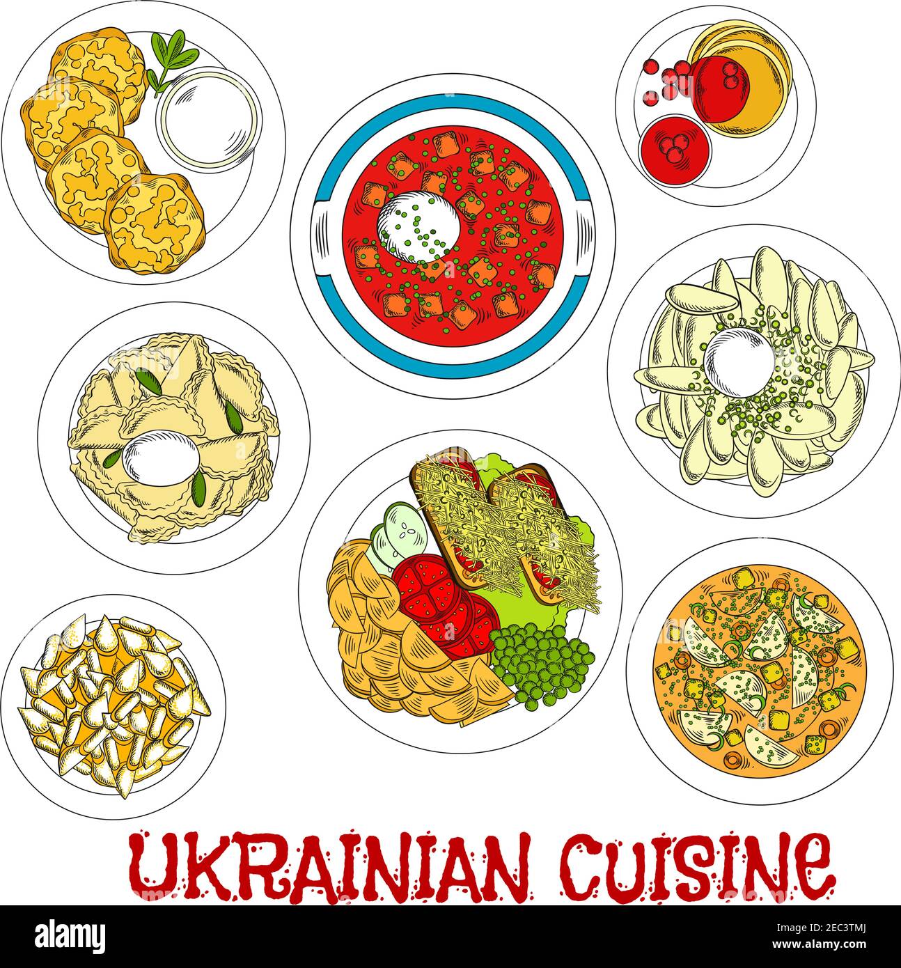 Plats sans viande de cuisine ukrainienne pour le symbole de l'esquisse de Cart avec borscht végétarien et soupe, boulettes de pommes de terre et crêpes à la crème aigre, pot frit Illustration de Vecteur