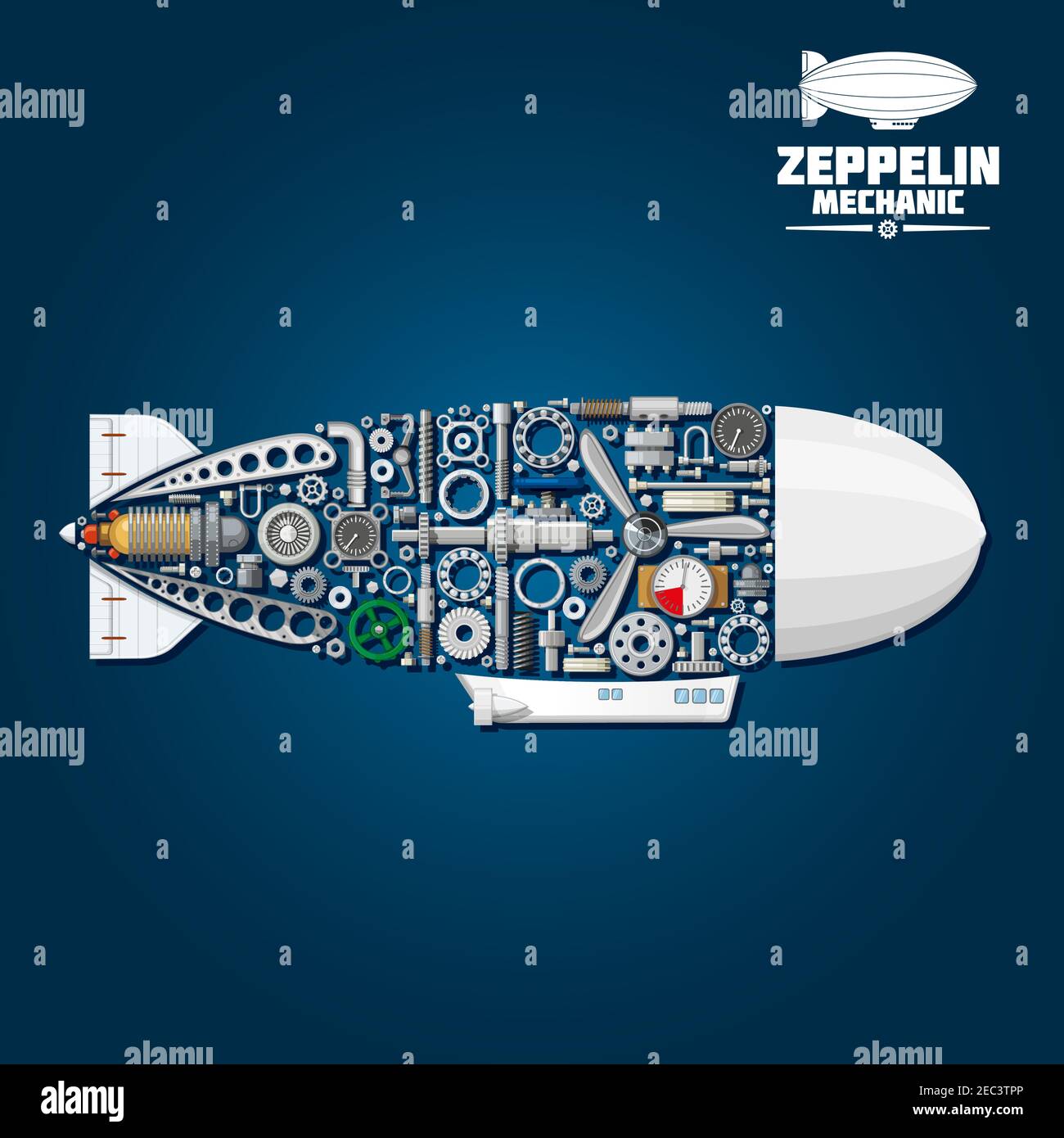 Silhouette mécanique du symbole du bateau zeppelin avec une gondole moderne, un gouvernail et une enveloppe composés d'hélice et de turbine, de roues dentées et de roulements, Illustration de Vecteur