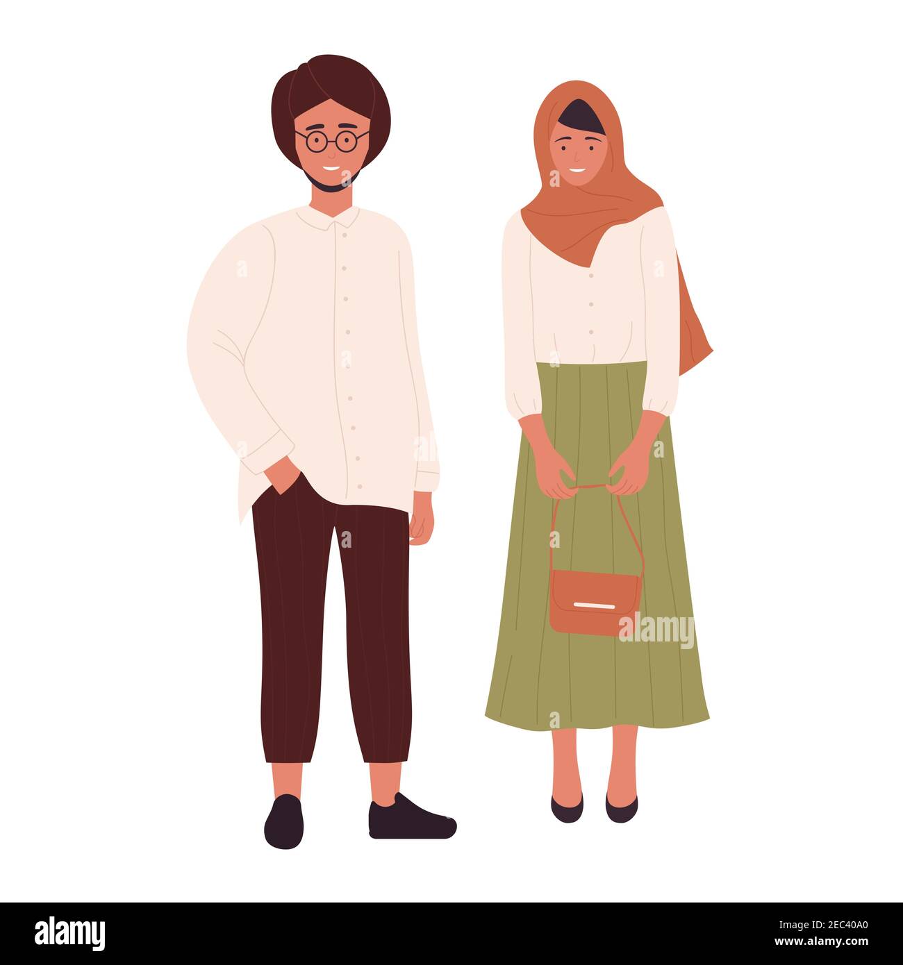 Illustration vectorielle de jeunes musulmans de couple moderne. Caricature arabe plat jeune homme et femme debout ensemble, petit ami arabe et petite amie portant des vêtements modernes isolés sur blanc Illustration de Vecteur
