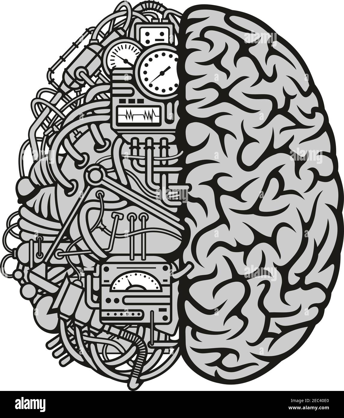 Symbole de cerveau de machine humaine avec illustration détaillée du cerveau humain combiné avec des équipements de moteur de calcul automatique. Idéal pour les technolog informatiques Illustration de Vecteur
