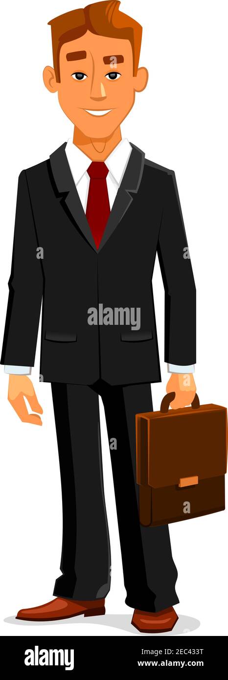 Beau jeune homme d'affaires de dessin animé dans élégant costume noir avec  cravate rouge est debout avec attaché-case en cuir dans la main. Idéal pour  les professionnels avatar et Image Vectorielle Stock -