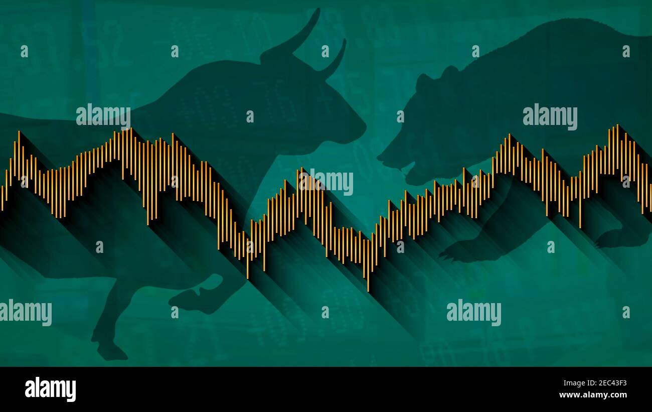 Le marché boursier est volatile et montre un manque de direction. Illustration d'une impasse entre les taureaux et les ours du marché avec un graphique à barres orange. Banque D'Images