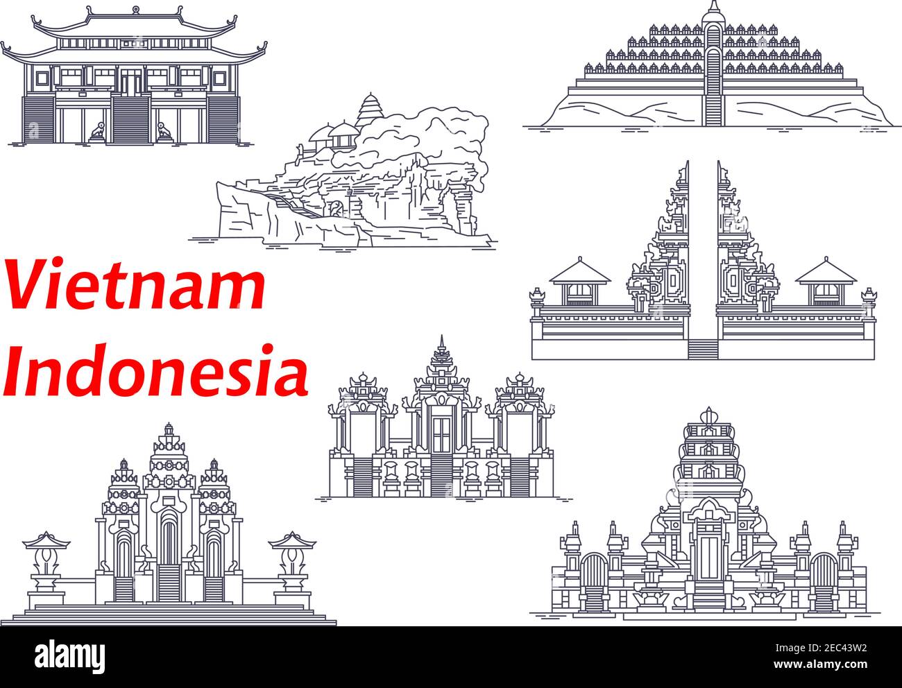Les anciens temples bouddhistes et hindous de l'Indonésie et du Vietnam sont des icônes avec les temples Borobudur et Pura Pulaki, Pura Besakih, Tanah Lot, Rambut Siwi et PET Illustration de Vecteur