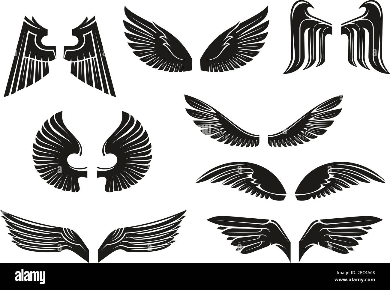 Ailes héraldiques noires de style tribal pour tatouage et livre, héraldique ou de conception religieuse isolée sur blanc. Ailes d'oiseaux et d'ange vintage ou rétro Illustration de Vecteur