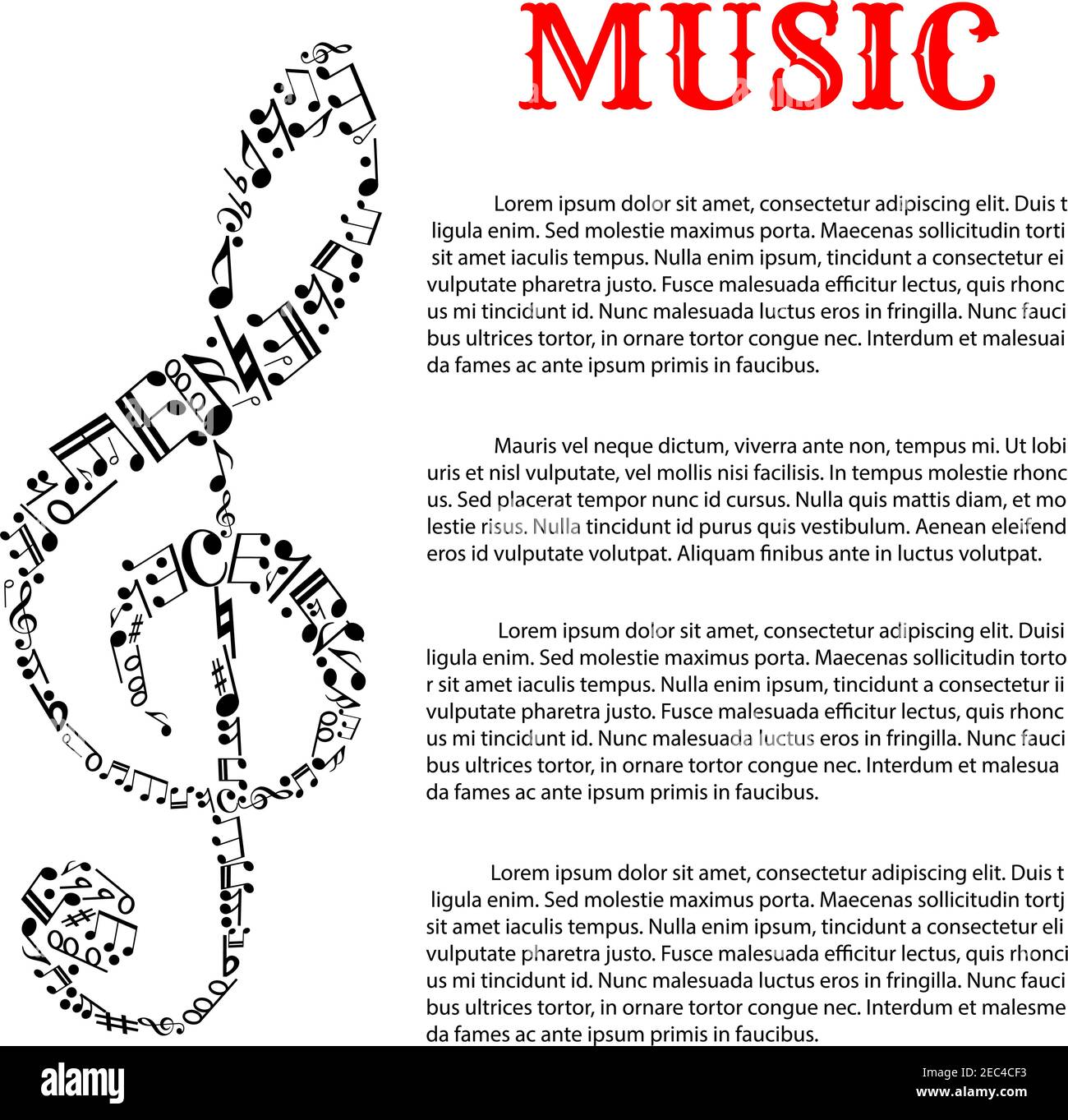 Modèle d'infographie sur la musique et le son avec une clef d'aigus qui est faite de différentes notes musicales en science ou en helmholtz notation sur le côté gauche. Illustration de Vecteur