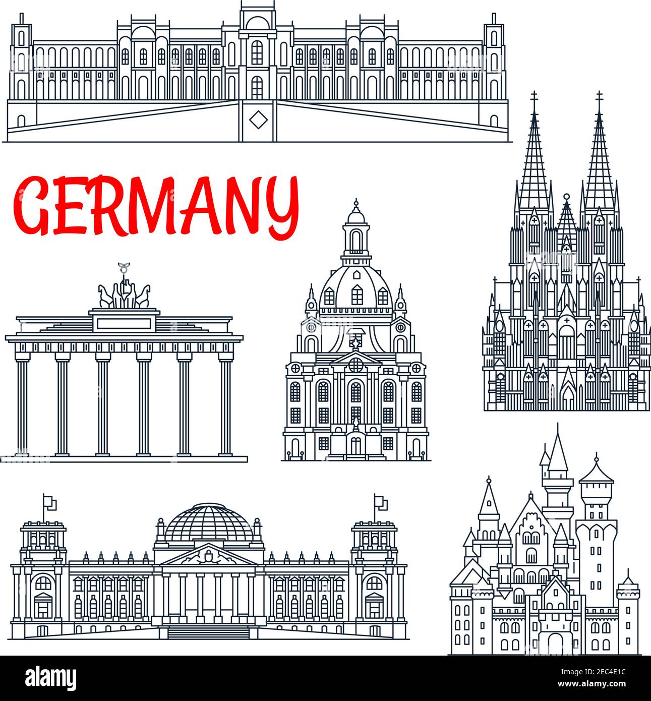 Le tourisme en ligne mince Allemagne remarquable point de repère. Voyage pour visiter des endroits comme la porte de Brandebourg et le château de Neuschwanstein, Reichstag bâtiment et colo Illustration de Vecteur