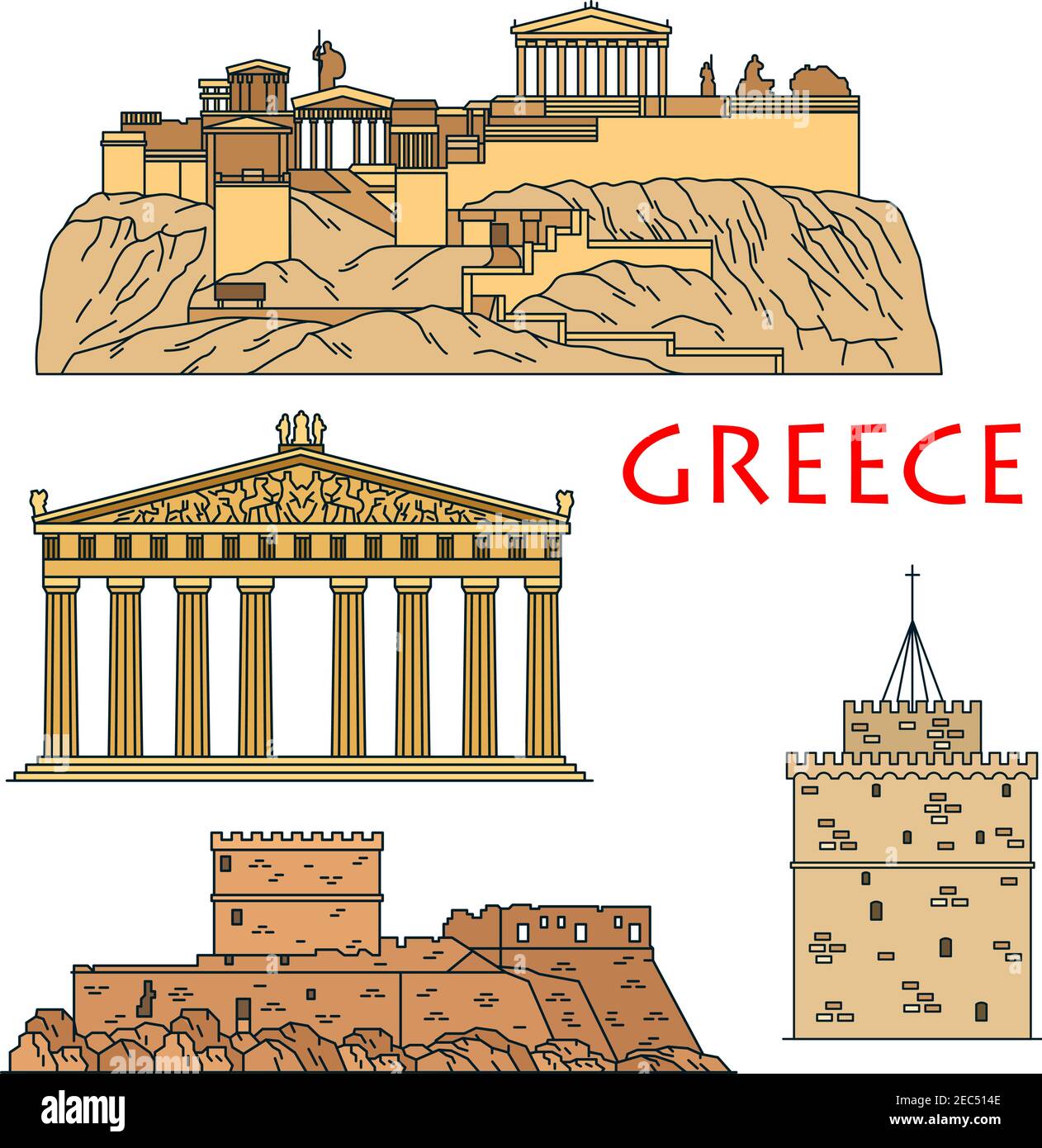 Célèbres héritages architecturaux de Grèce icône avec l'Acropole linéaire colorée d'Athènes avec temple de la déesse Athena Parthénon, château gothique médiéval Illustration de Vecteur
