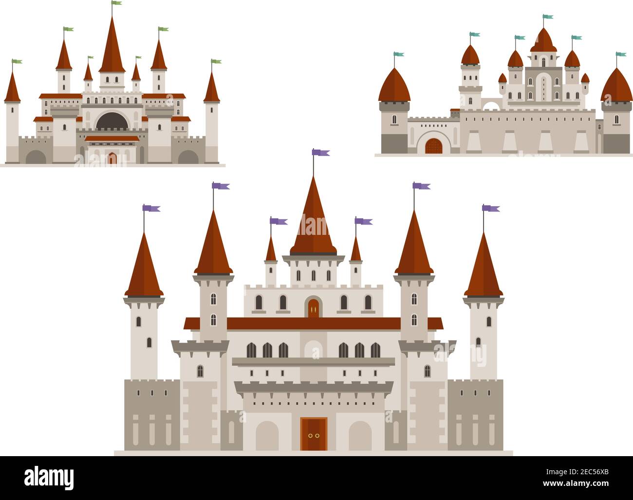 Palais médiévaux ou châteaux royaux, fort ancien ou manoir résidentiel avec tours et flèches avec drapeaux, porte antique. Bâtiments de style dessin animé pour Illustration de Vecteur