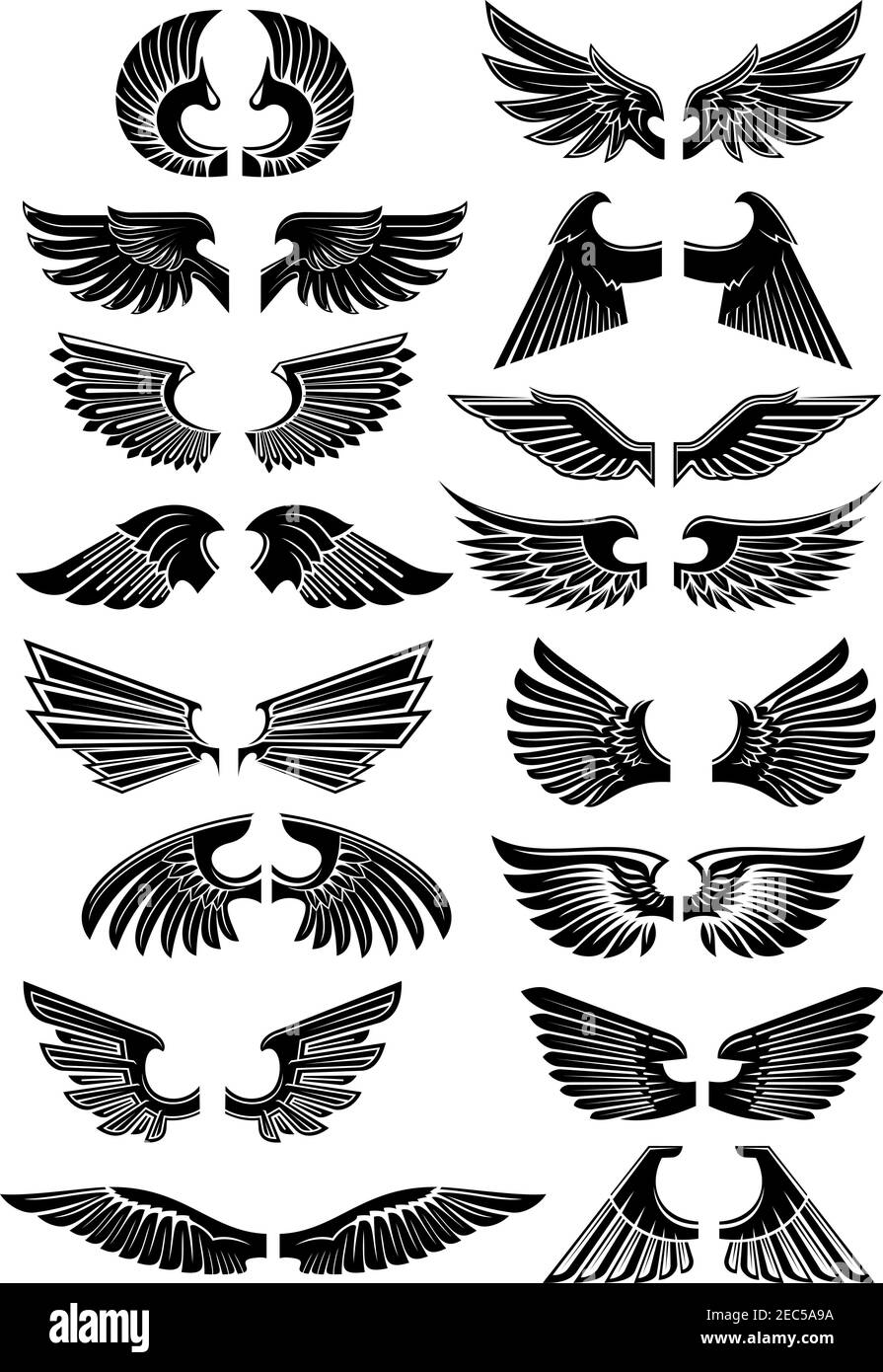 Icônes héraldiques des ailes. Silhouette d'ailes d'oiseaux et d'ange pour le tatouage, l'héraldique ou le motif tribal. Élément d'armure gothique vectoriel Illustration de Vecteur