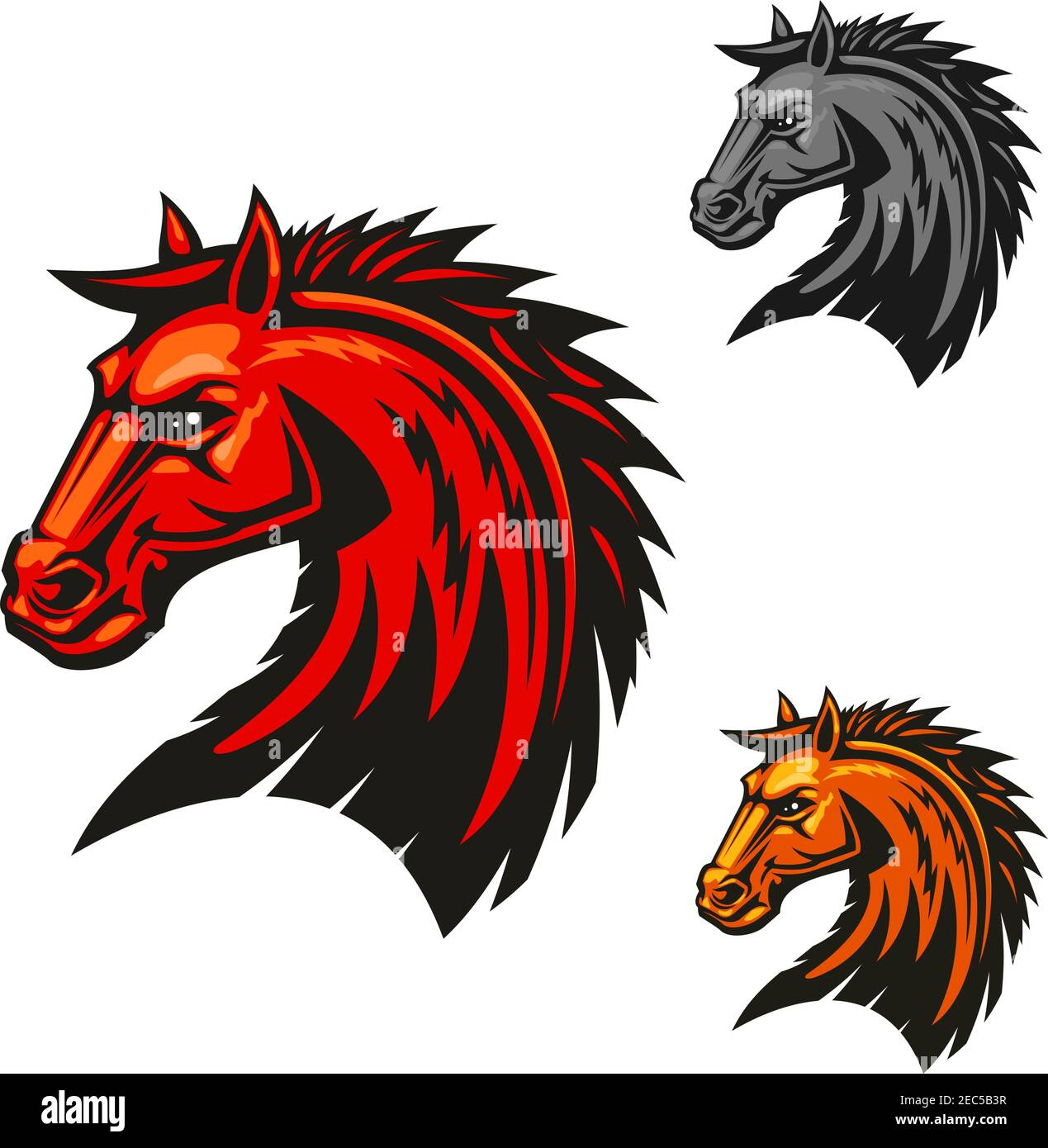 Icônes de la tête de l'étalon de cheval. Étalon avec emblèmes vectoriels de manie rouge. Bronco, symbole héraldique mustang pour club de sport, écusson d'équipe, icône, badge, étiquette, état Illustration de Vecteur