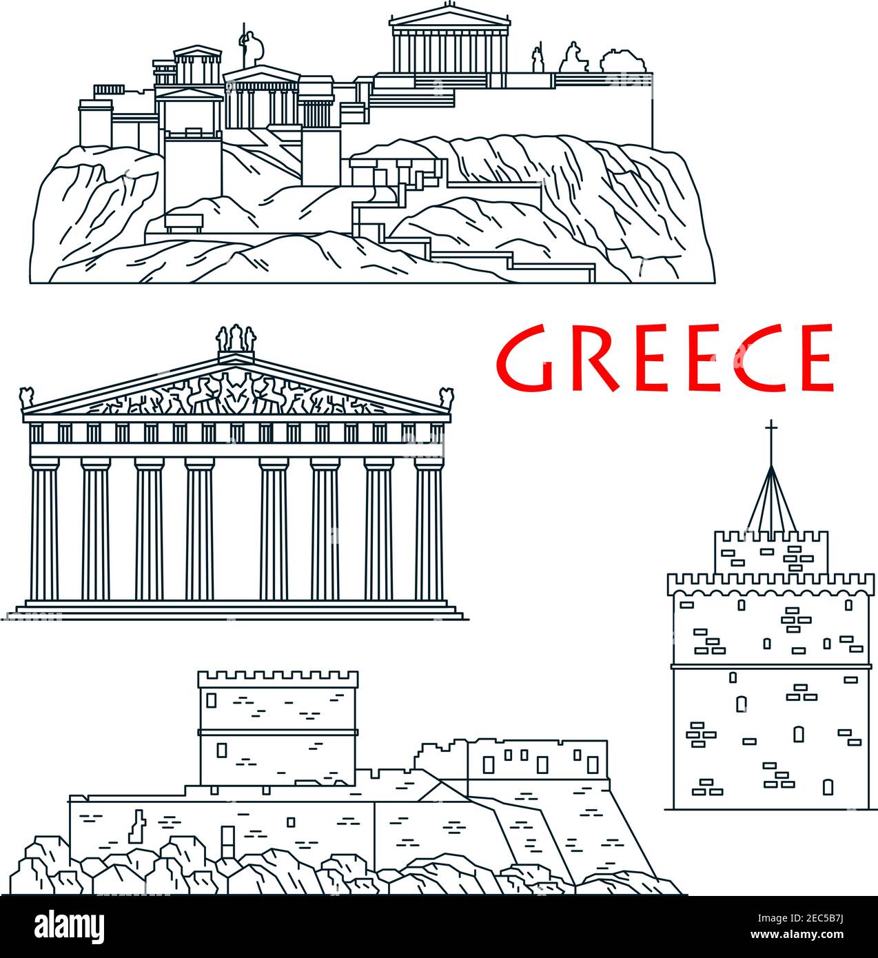 Monuments grecs anciens Voyage icône fine ligne avec citadelle Acropole d'Athènes, temple de la déesse Athena Parthénon, Palais du Grand Maître de la Illustration de Vecteur