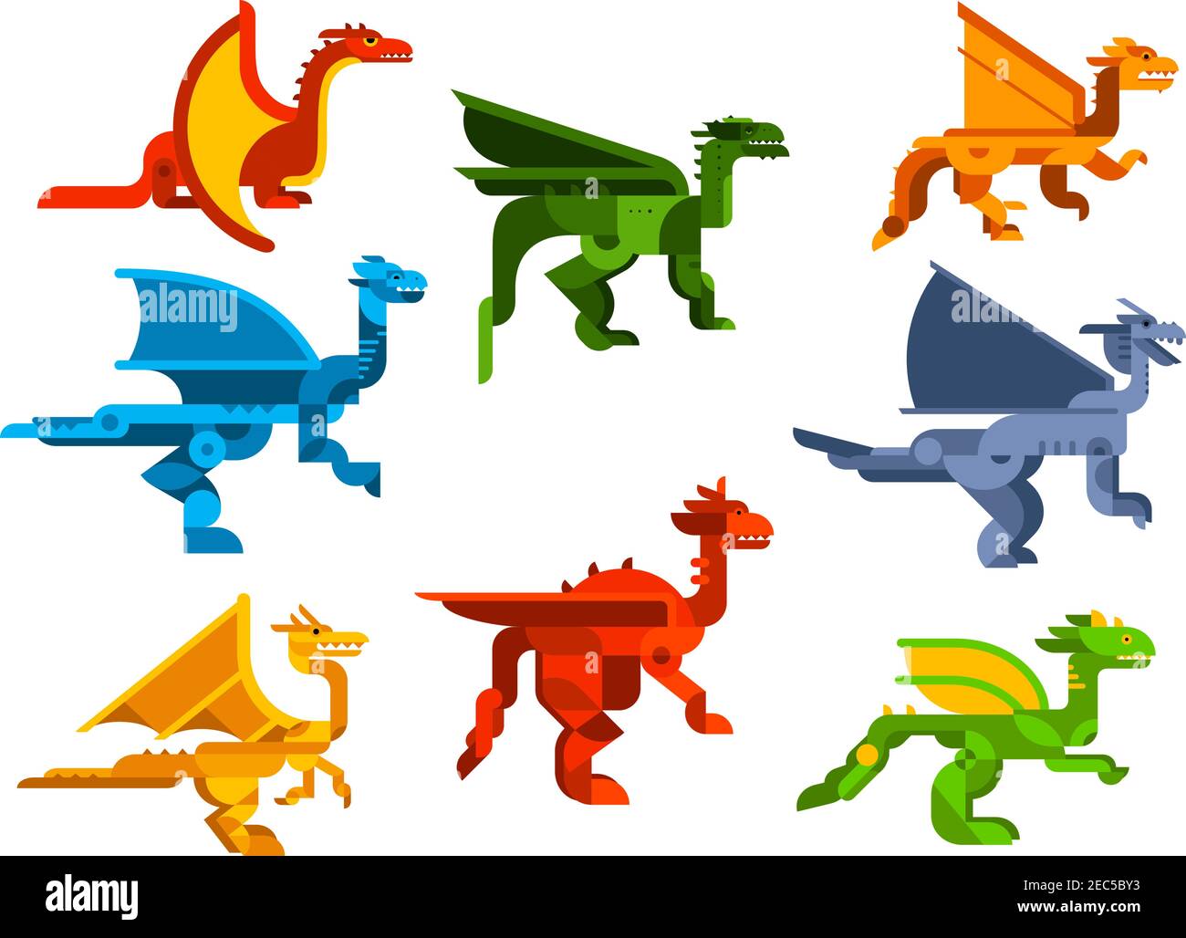 Les dragons volants caricatent des reptiles plats avec des ailes membraneuses et une pointe de sphinny sur la tête et le cou. Nature, histoire, t-shirt ou livre pour enfants Illustration de Vecteur