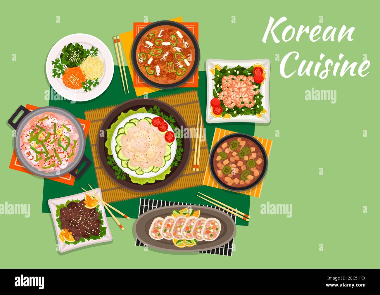 Cuisine coréenne bœuf bulgogi servi avec salade de légumes marinés et soupe de kimchi épicée, salade de pétoncles, crevettes frites aux épinards, soupe de fruits de mer, stuf Illustration de Vecteur